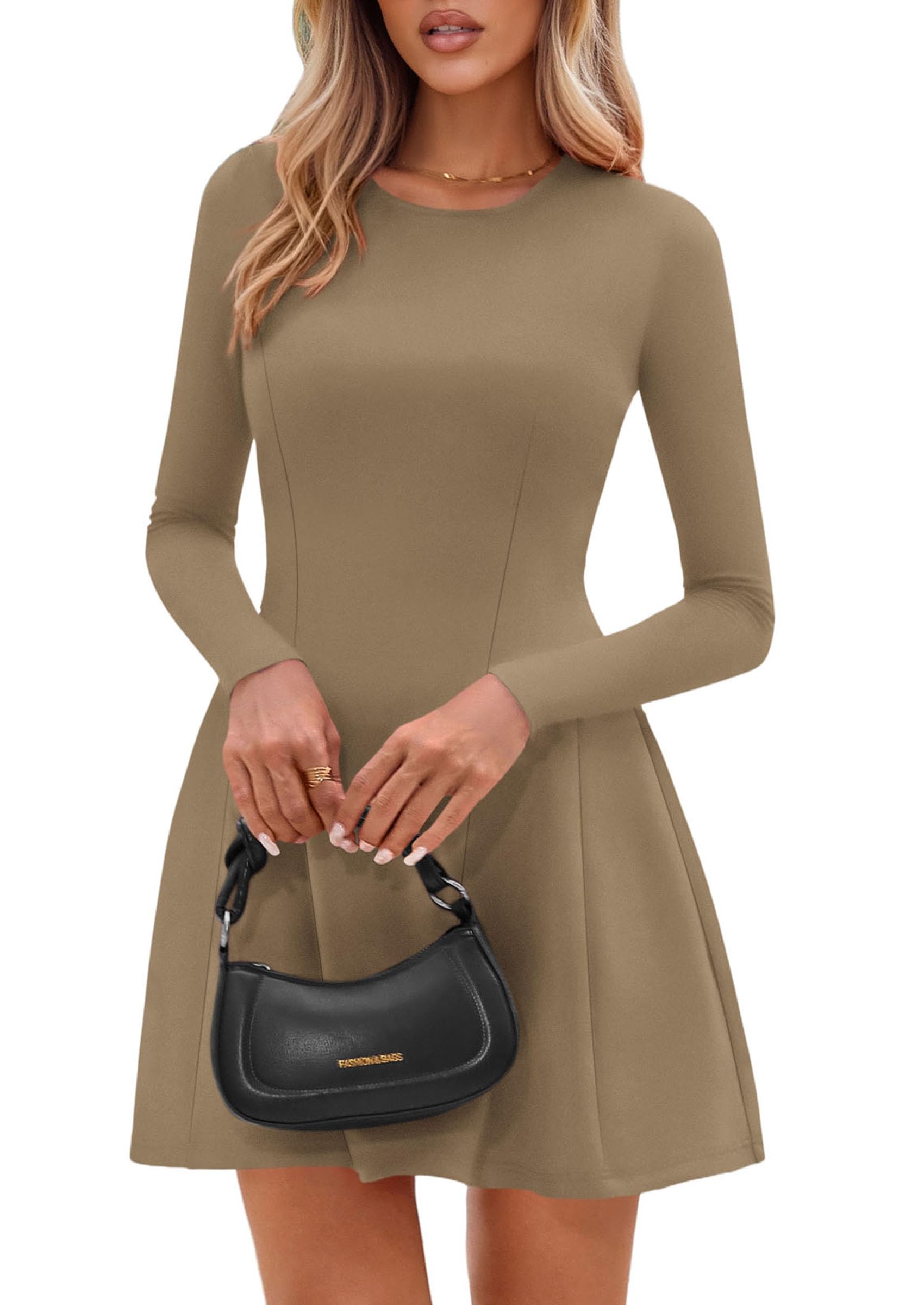 Womens Long Sleeve Pleated Mini Dress,Khaki,XS