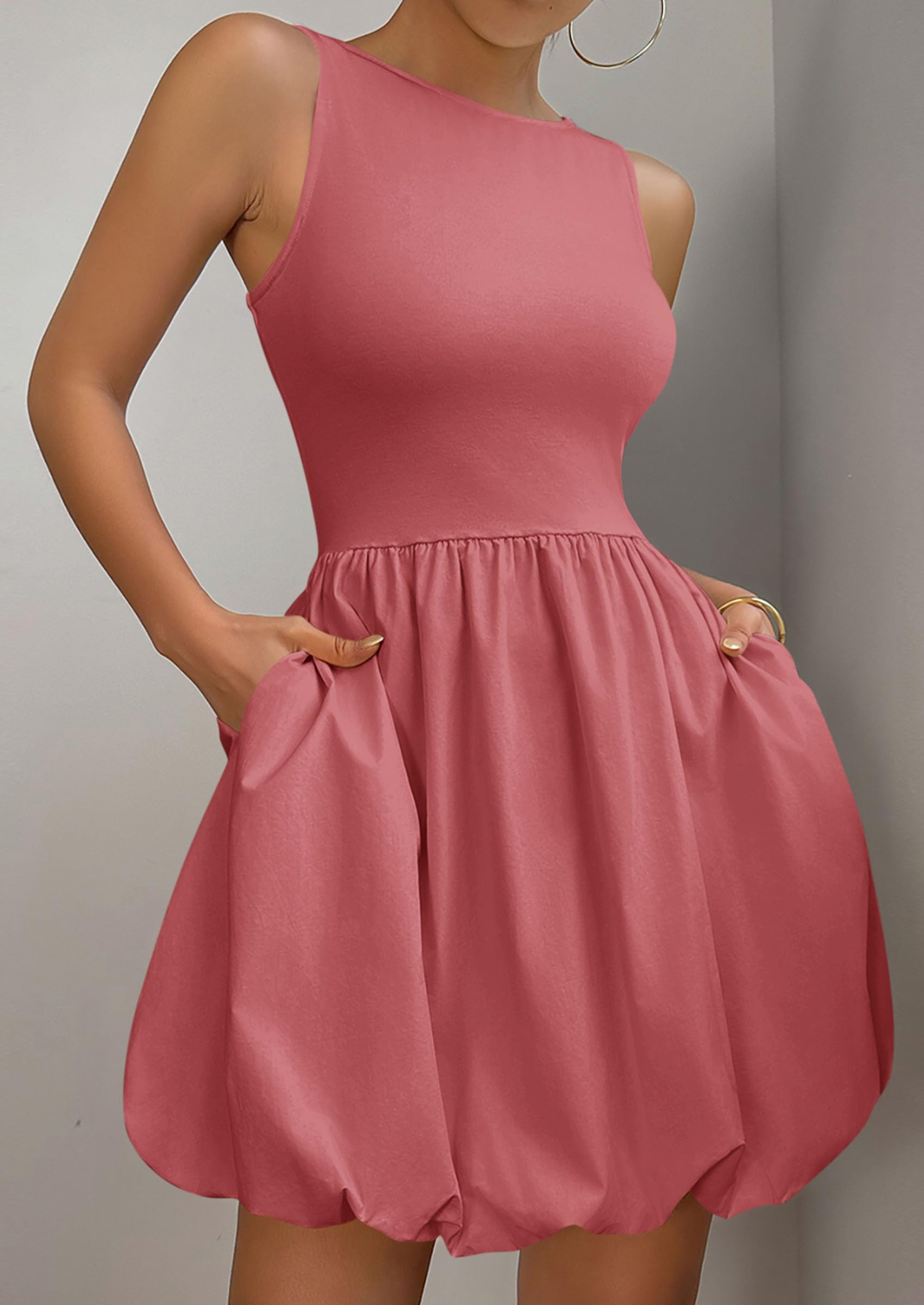 Womens Summer Bubble Sleeveless Mini Dress,Dark Pink,S