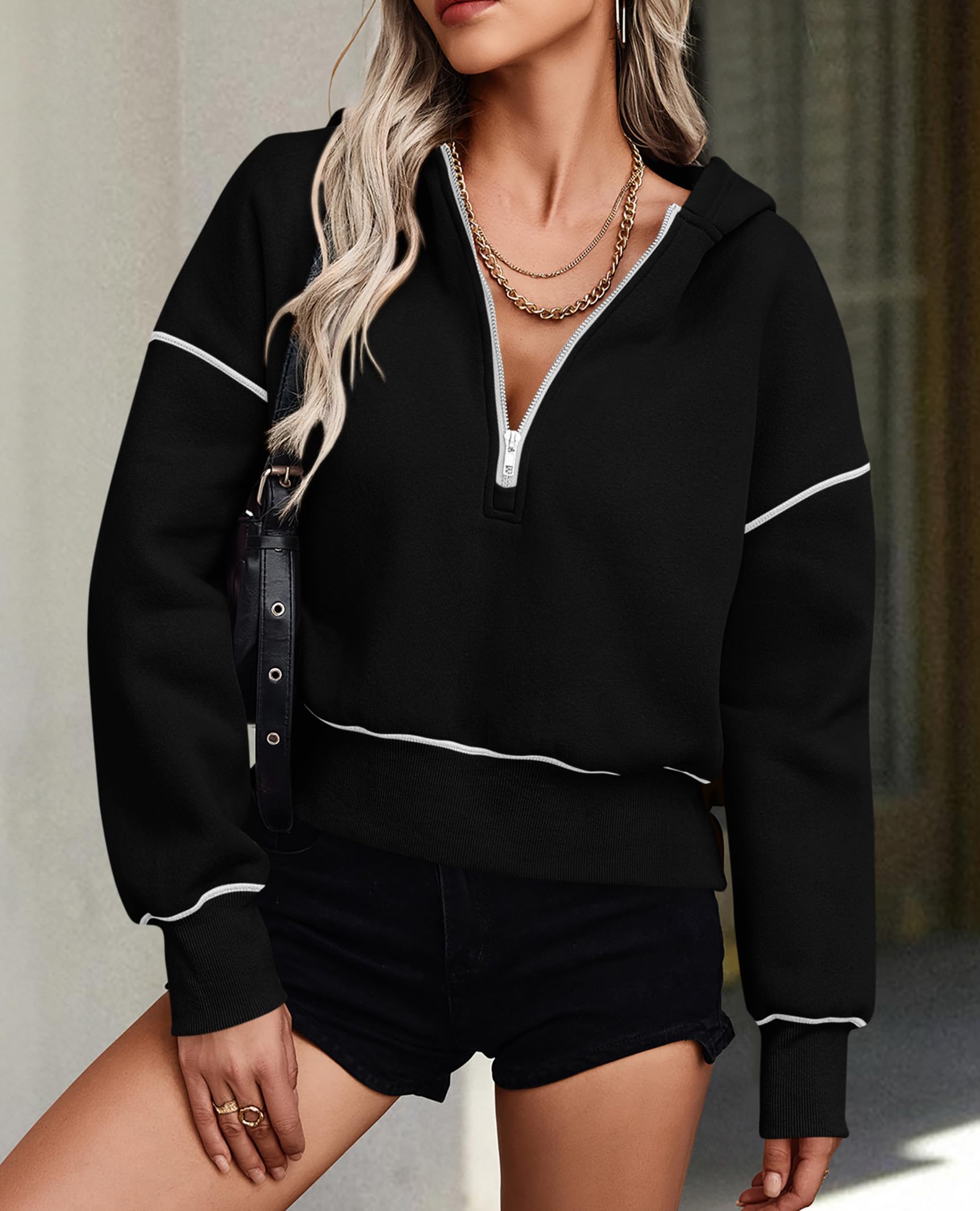 Women's Fall Half Zip Cropped Hoodie Sweatshirt Black