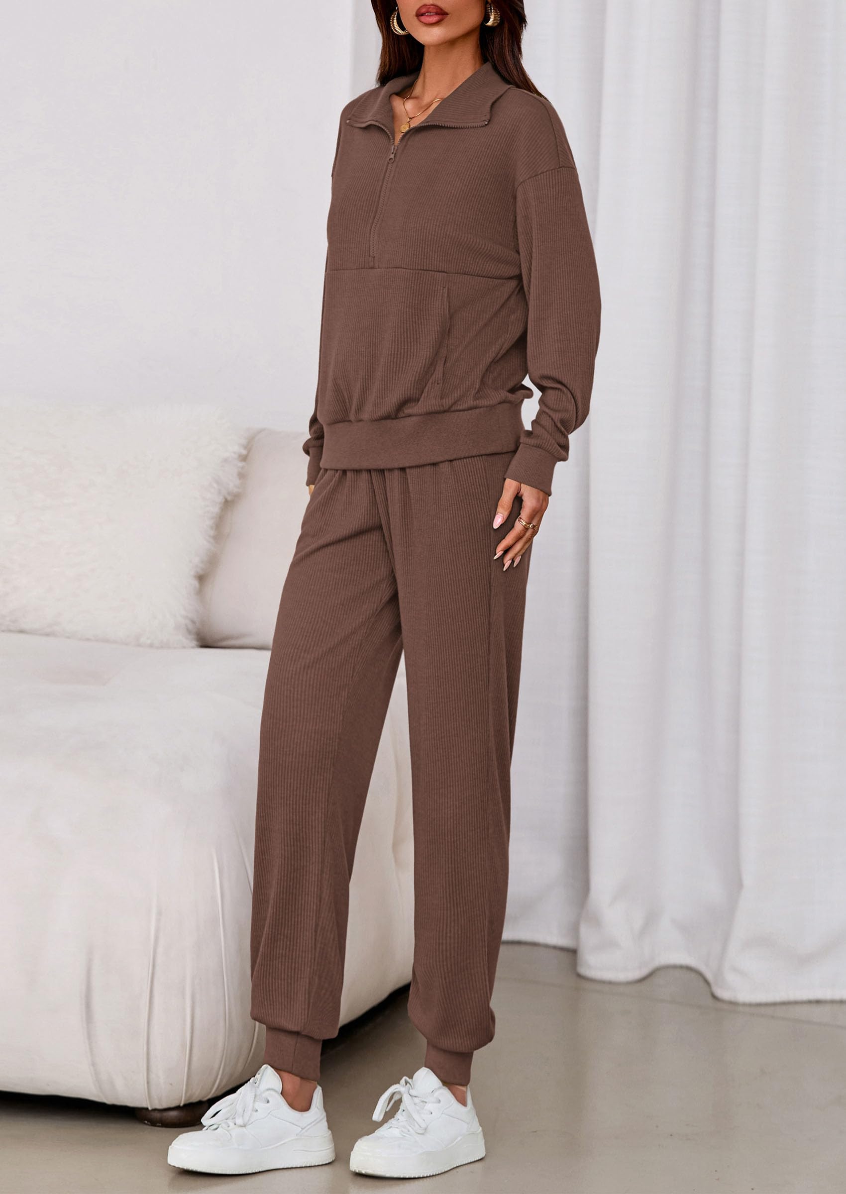 Airport Travel Outfit Women Ribbed Knit Matching Lounge Sets