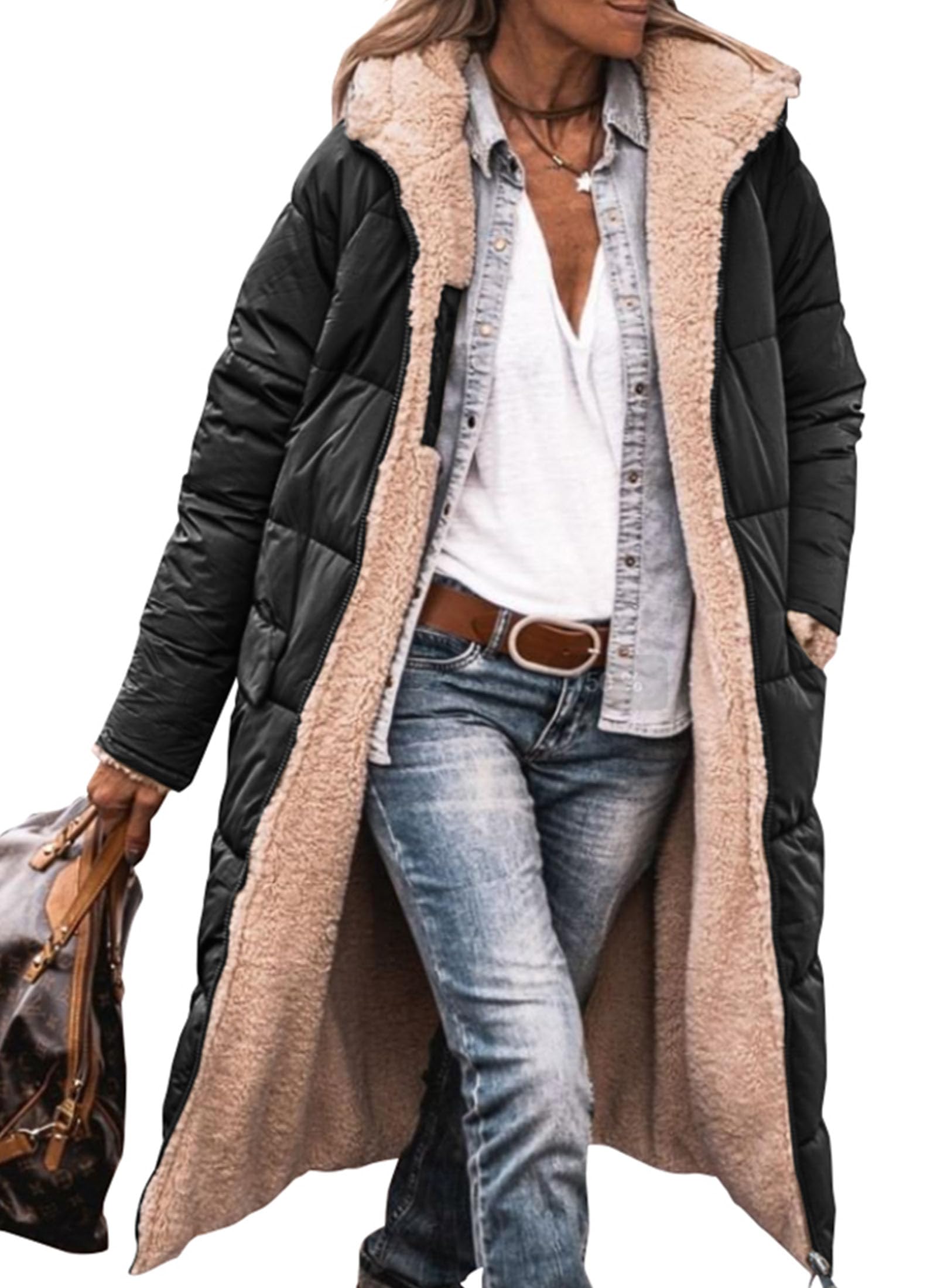 Women's Winter Fleece Warm Long Coats(Black,Small)
