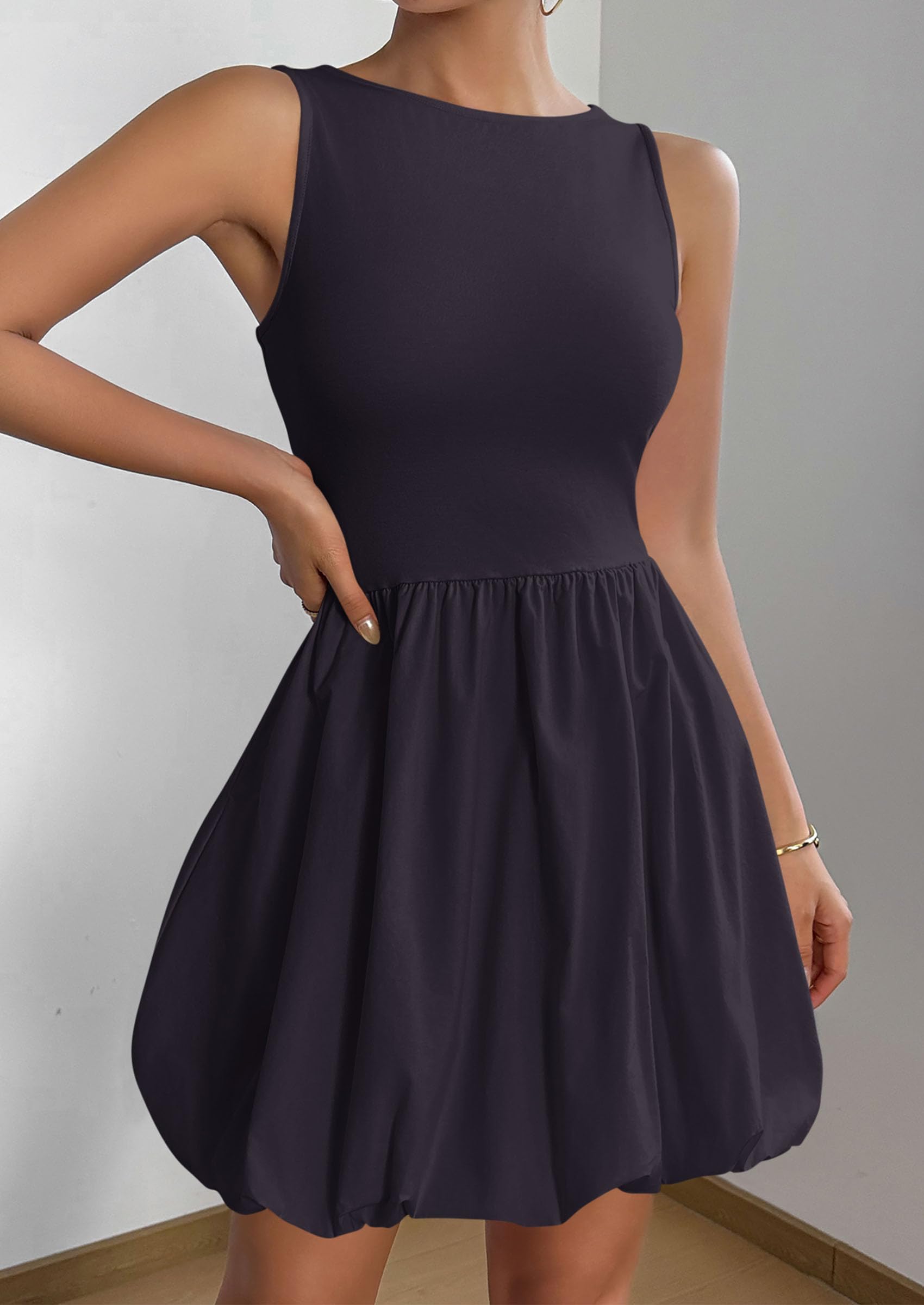 Womens Summer Bubble Sleeveless Mini Dress,Navy,S
