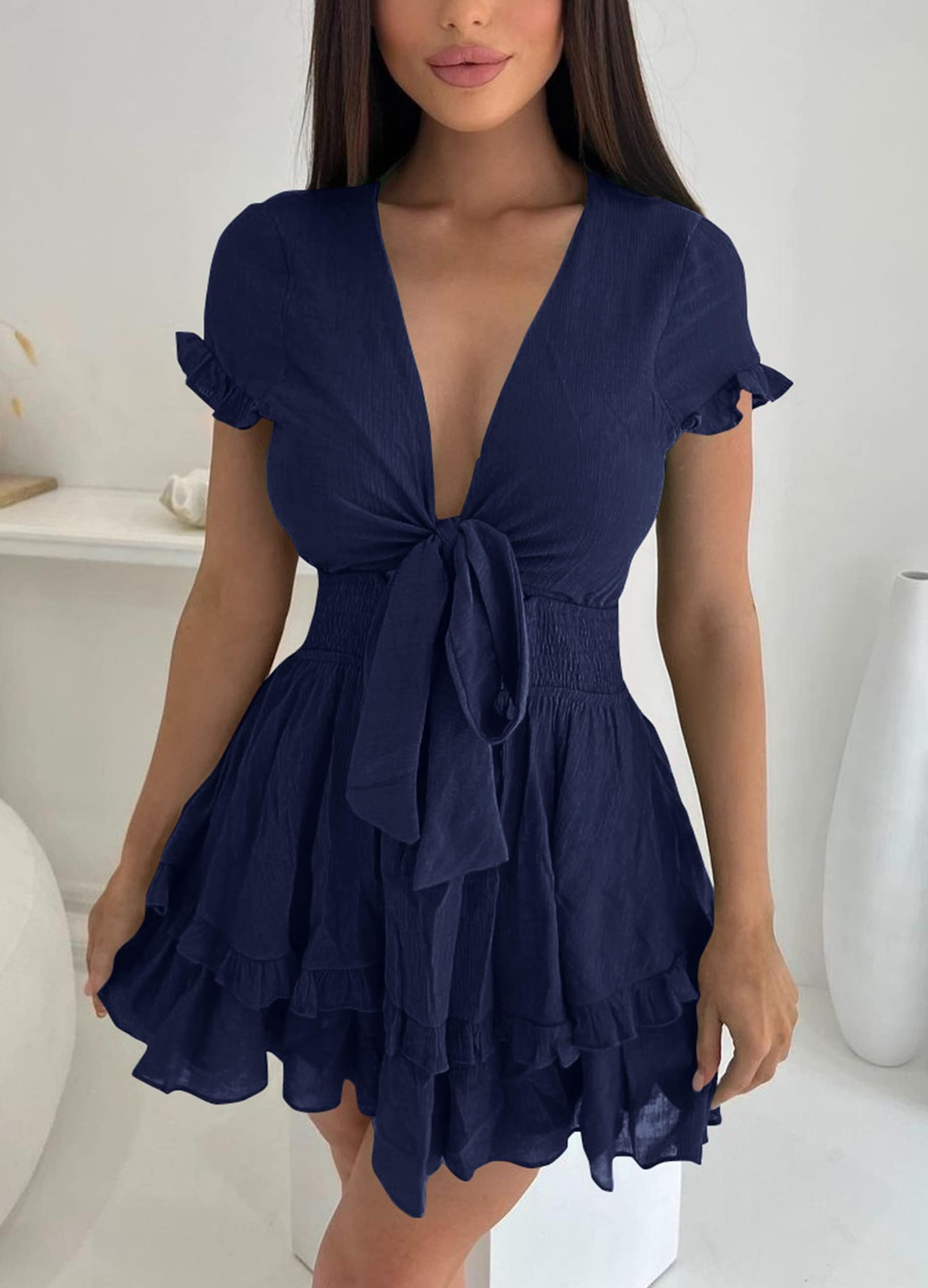 Women's Boho Floral Mini Tiered Bow Dress, Navy,S