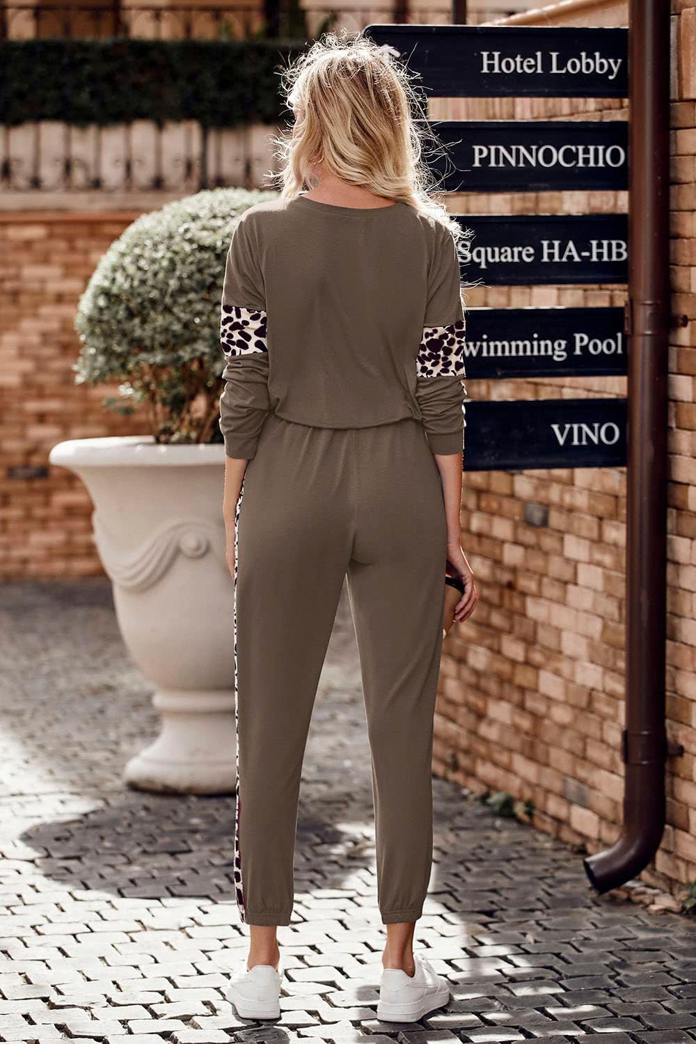 Women Color Block 2 Piece Sets Tracksuit,Leopard Dark Khaki,S