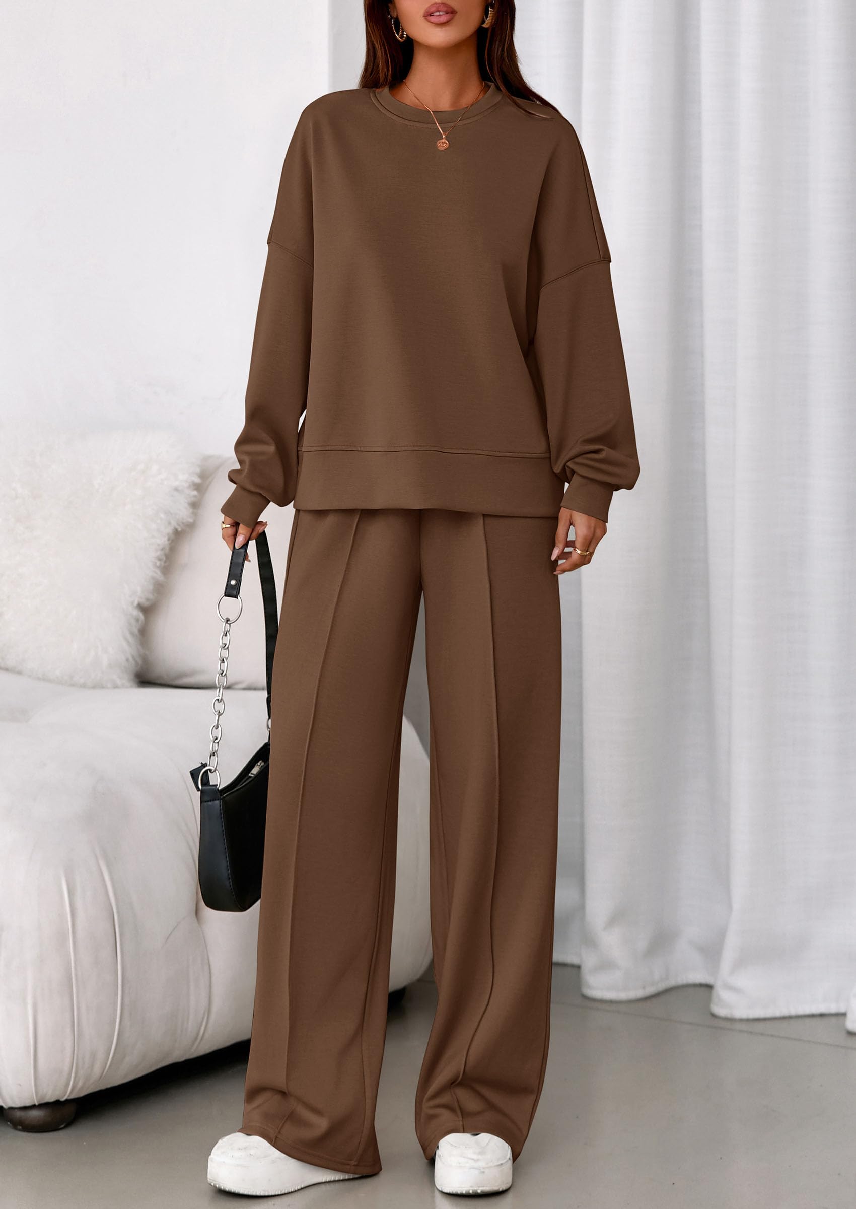 Womens Long Sleeve Sweatshirt 2 Piece Sets,Brown,S