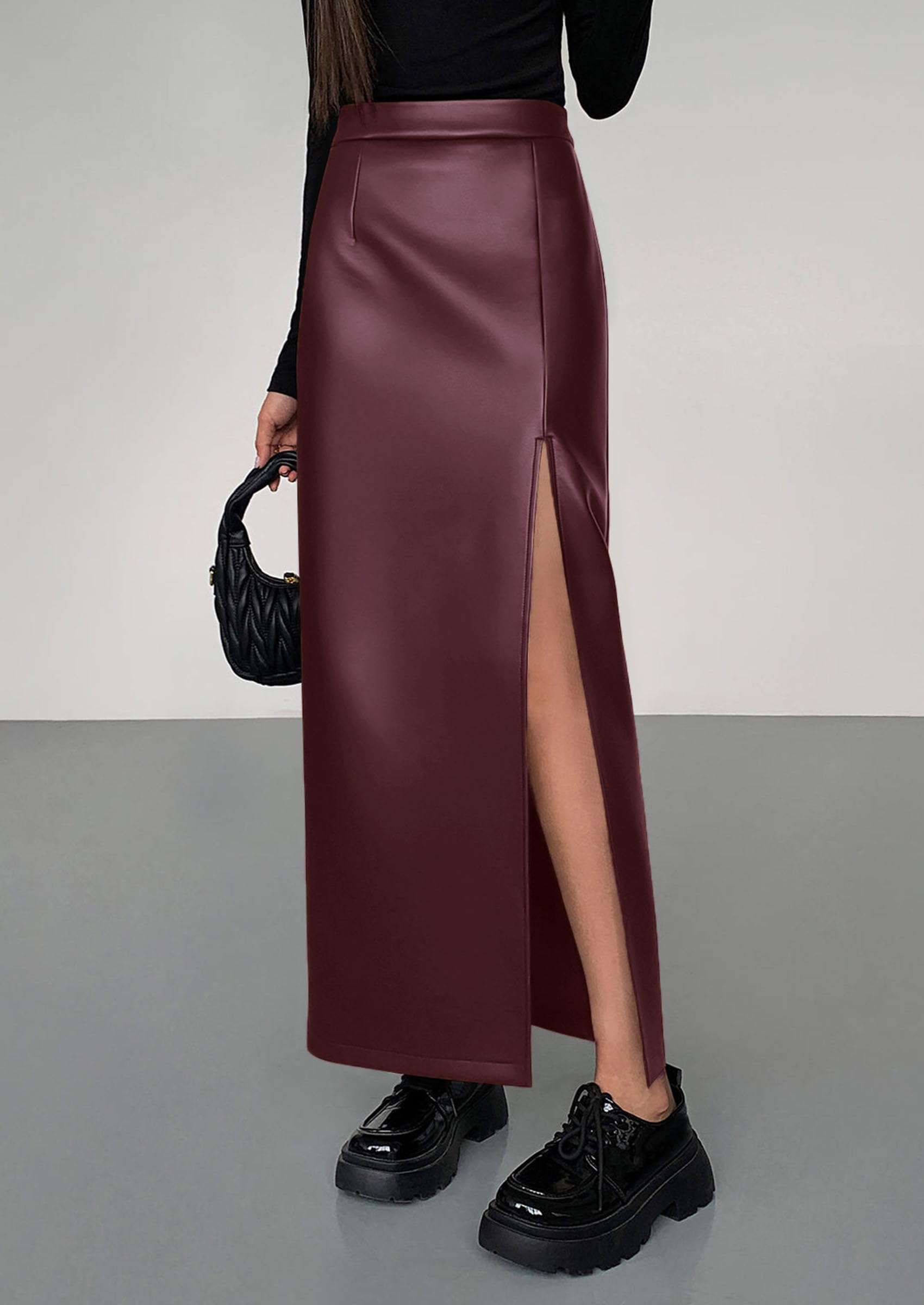 Women's Faux Leather Long Pencil Skirt,Deep Purple,XS
