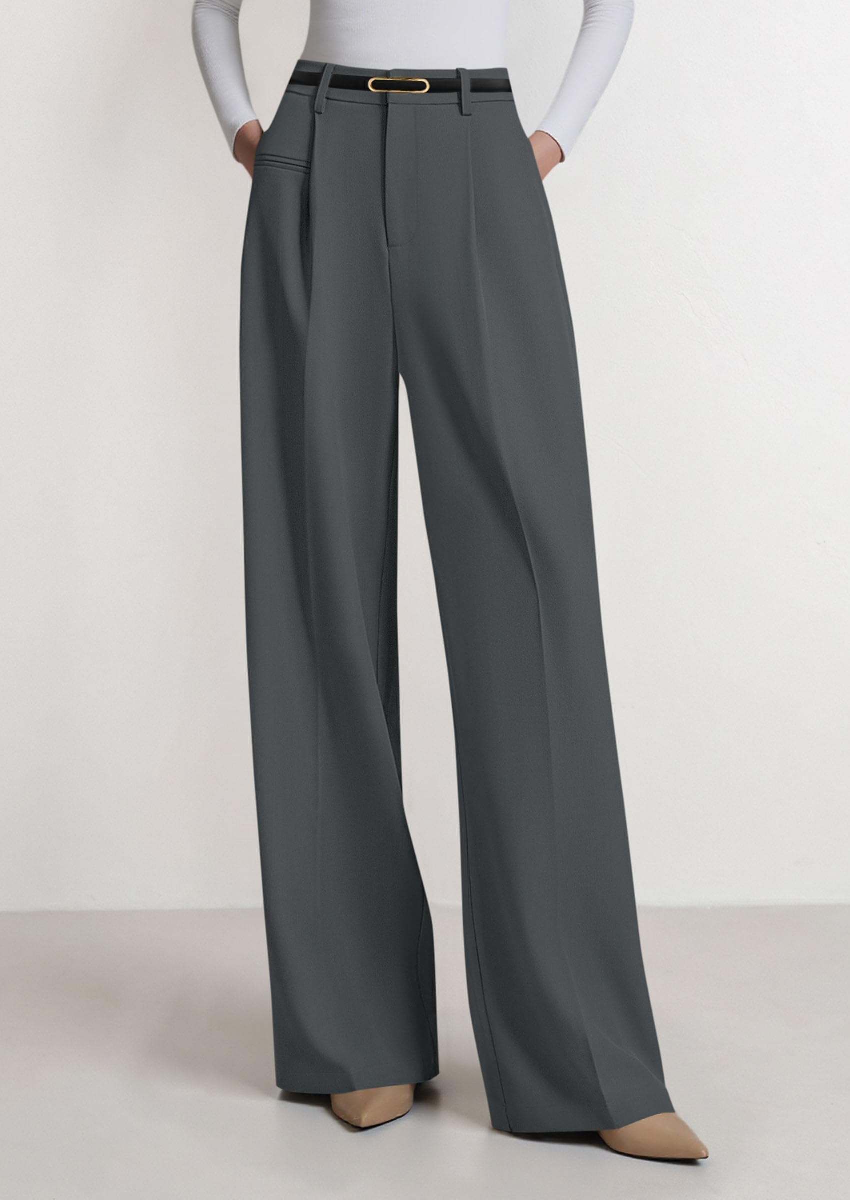 Women's Tailored Wide Leg Work Dress Pants,Dark Grey,XS
