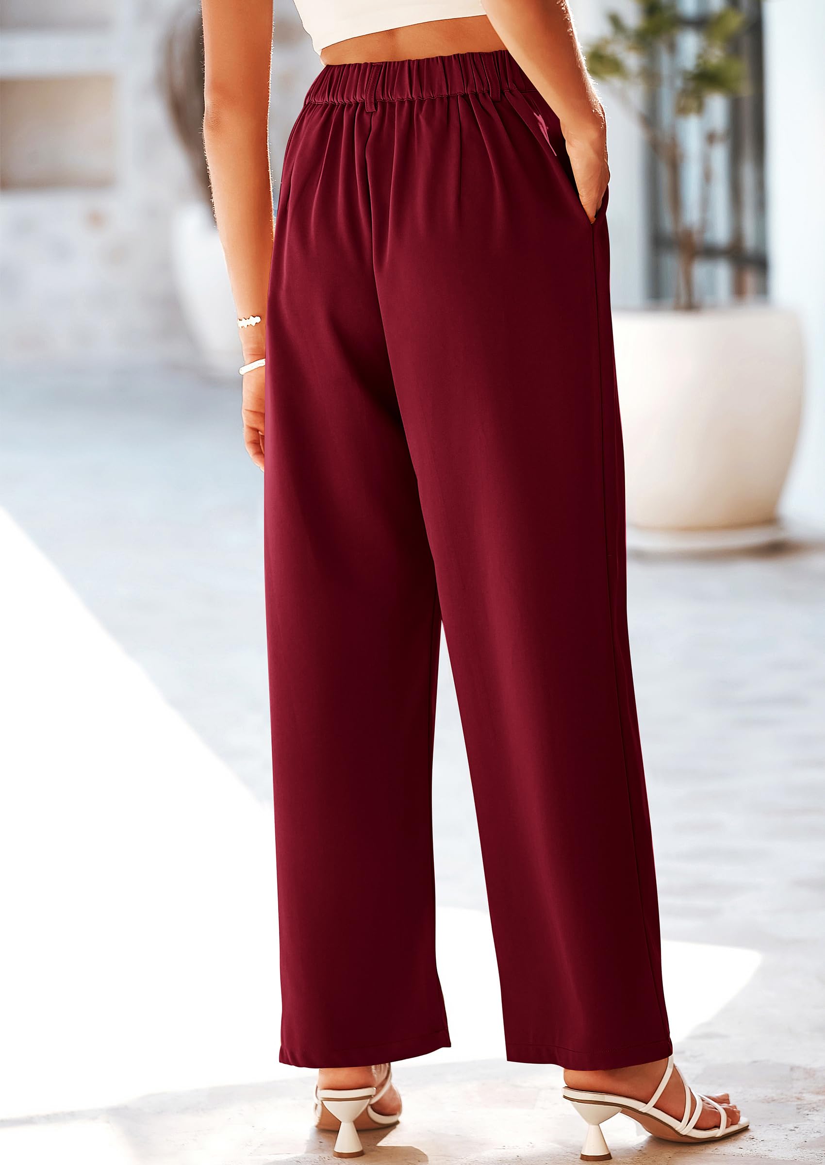 Women's Flowy Wide Leg Dress Pants,Wine Red,S