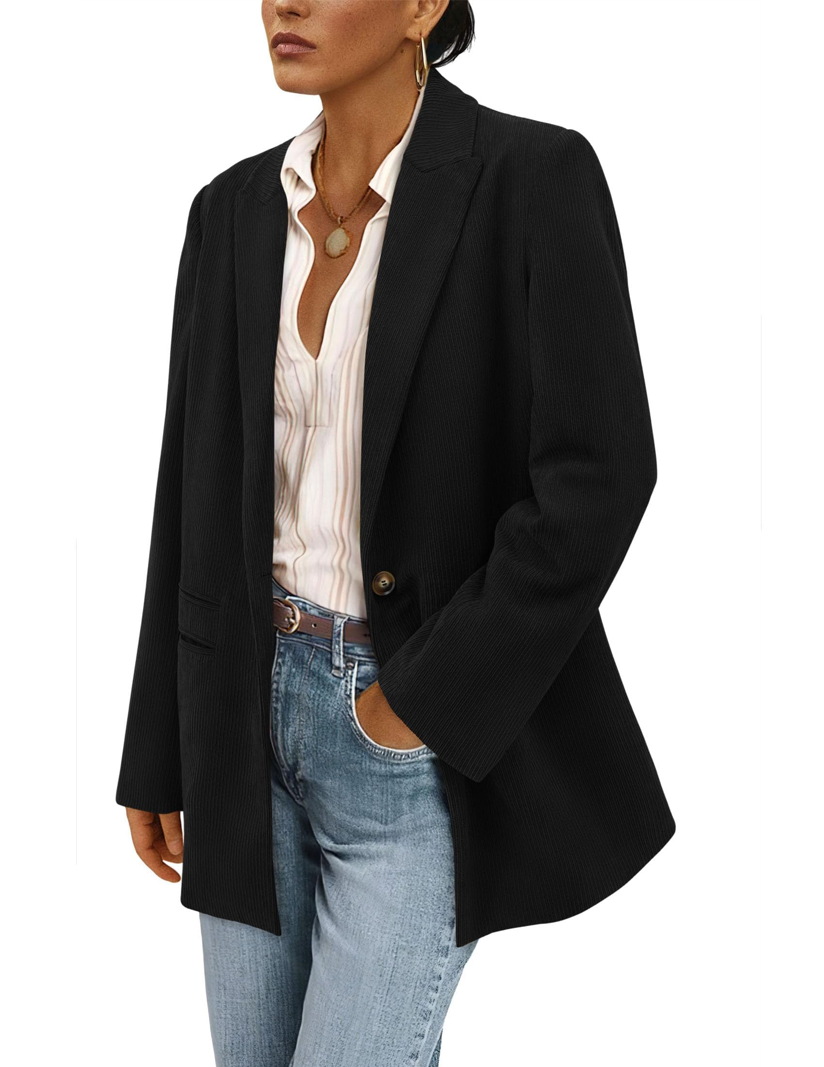 Women's Winter Corduroy Blazers Jackets (Black,S)
