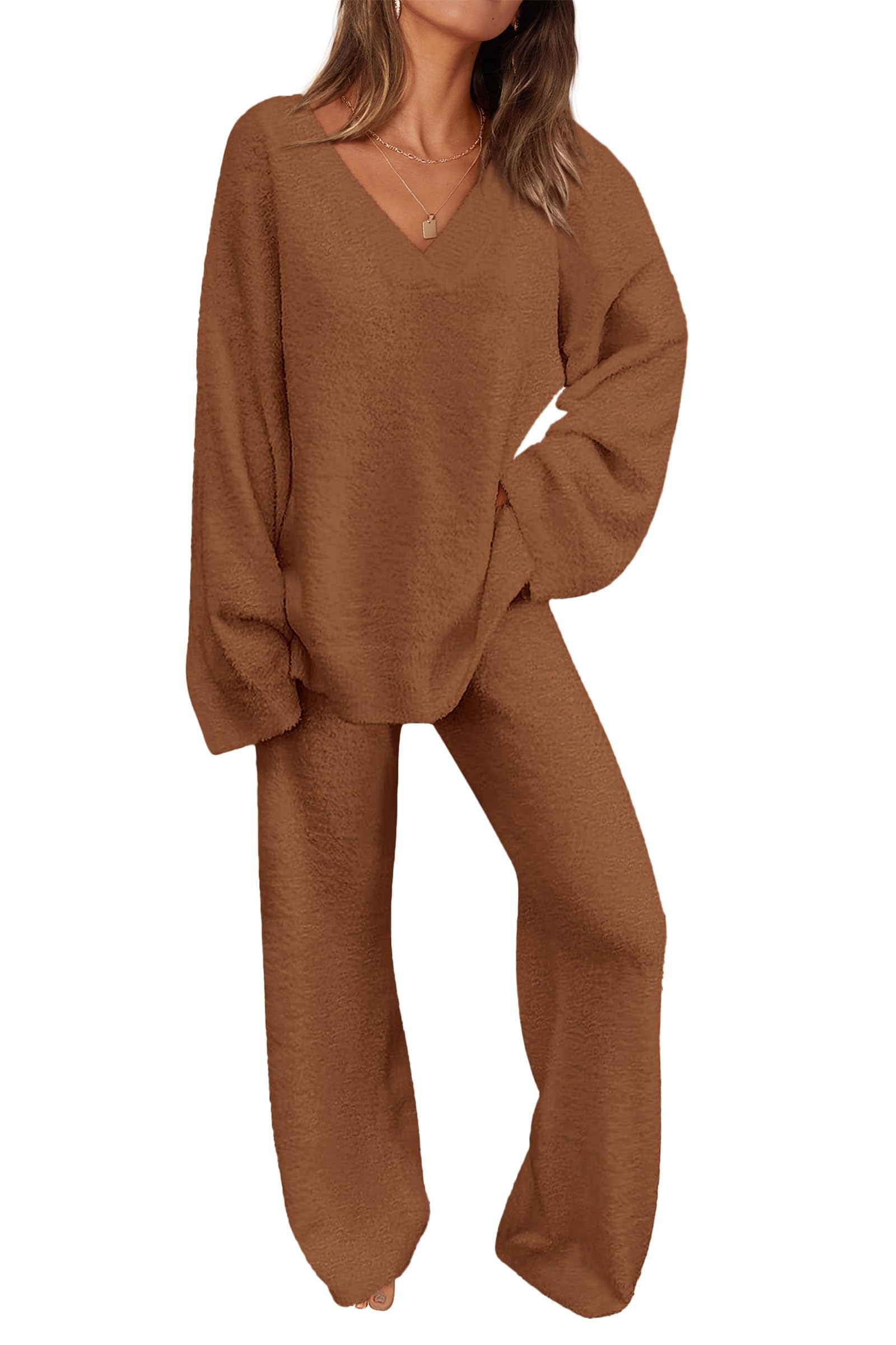 Lounge Sets for Women Fall 2 Piece Fuzzy Sweater Pajama Set