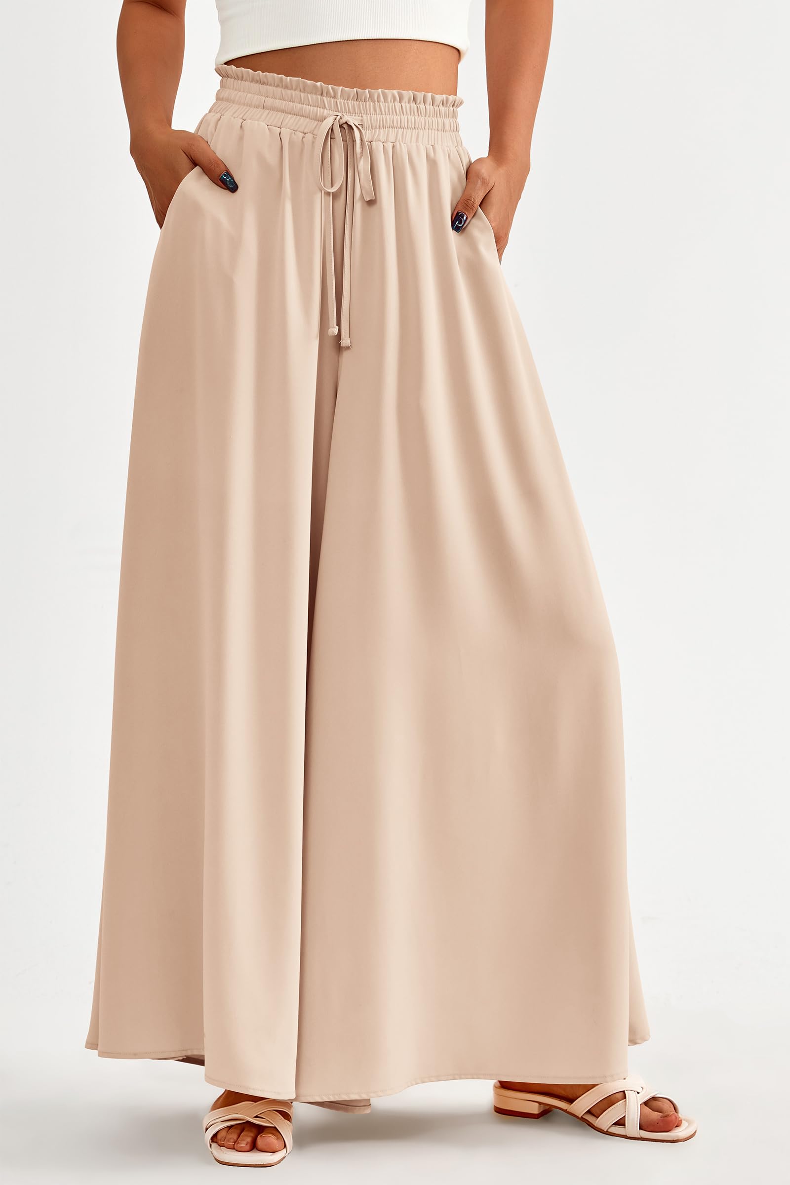 Summer Wide Leg Palazzo Pants for Women Casual,Beige,S