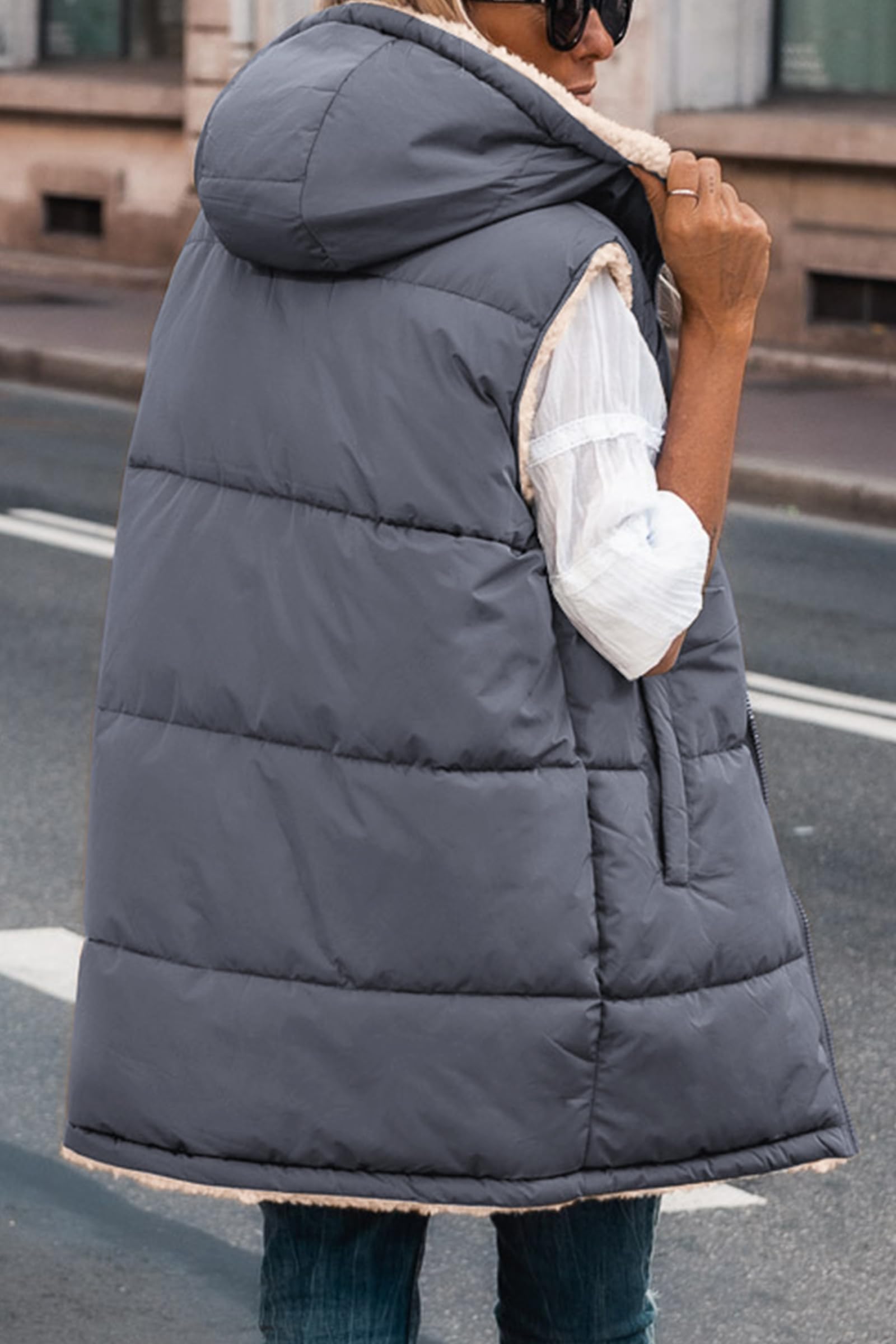 Women's Winter Reversible Fleece Long Vests(Grey Blue,S)