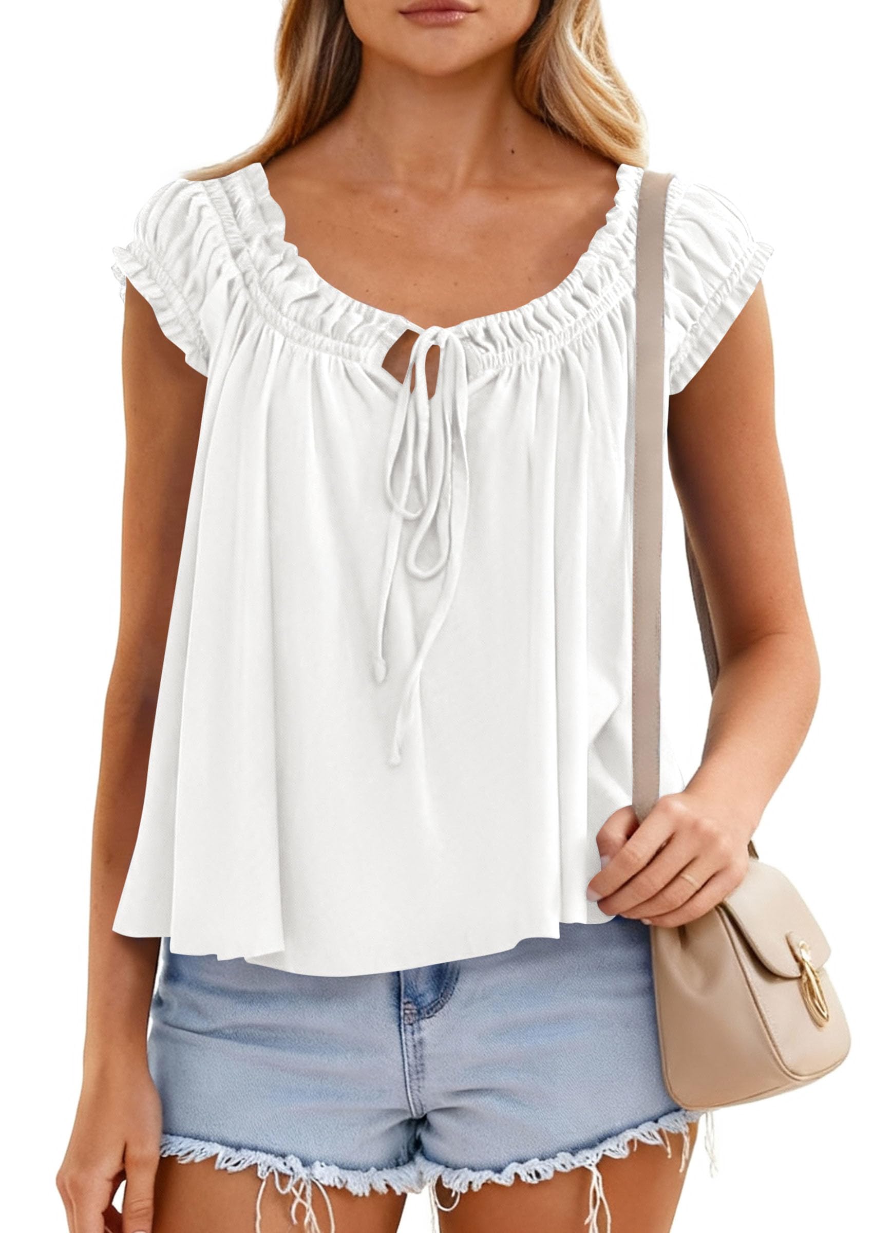 Womens Summer Tank Tops Babydoll Peplum Blouses,White,L