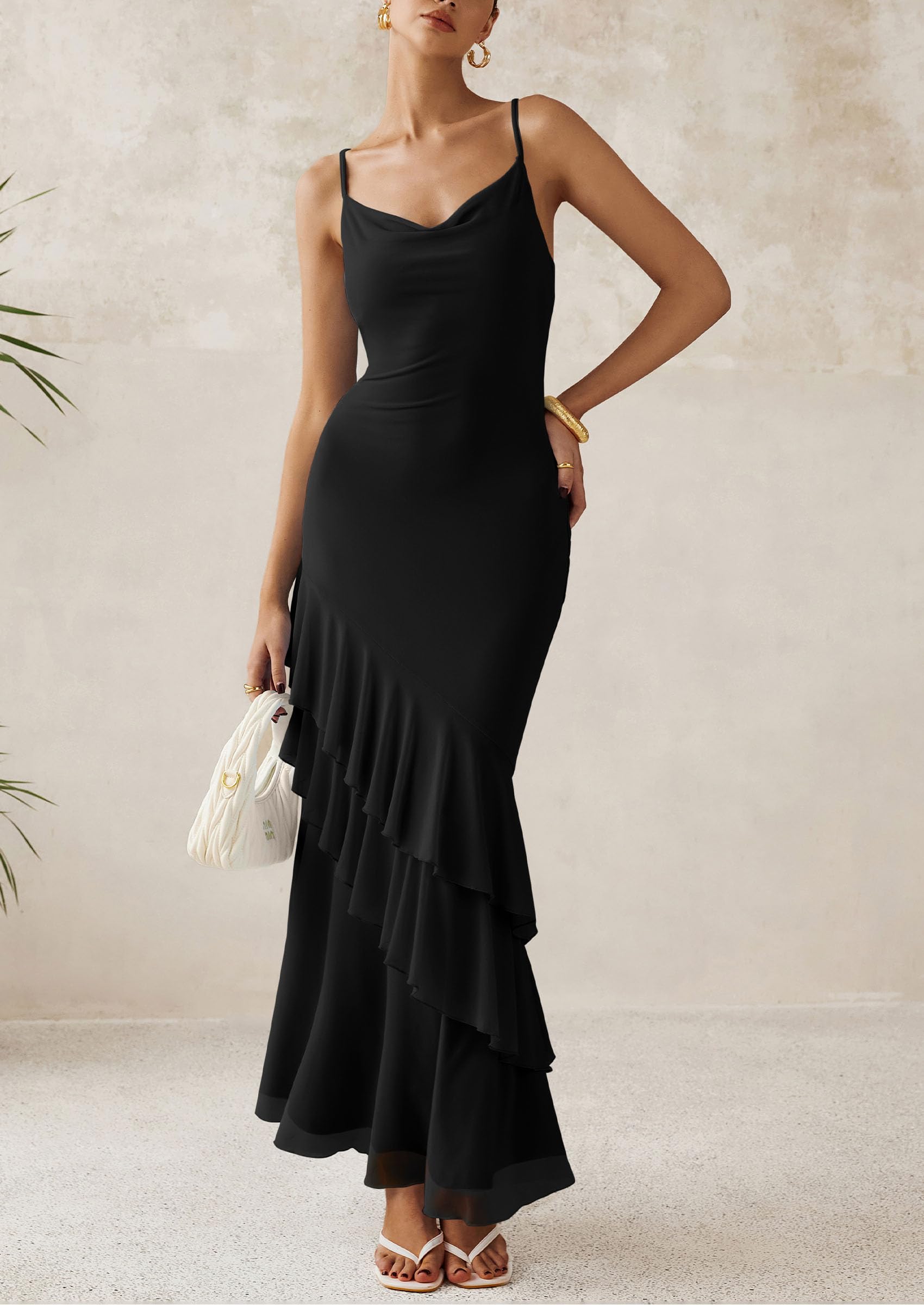 Women's Boho Floral Tiered Maxi Dress, Solid Black,XS
