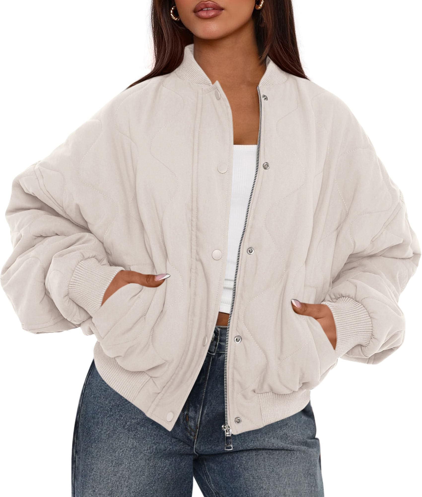Women's Quilted Bomber Jacket Fall Fashion 2026 Lightweight Cropped Zip up Outerwear Winter Puffer Coats Pockets (Beige,Small)