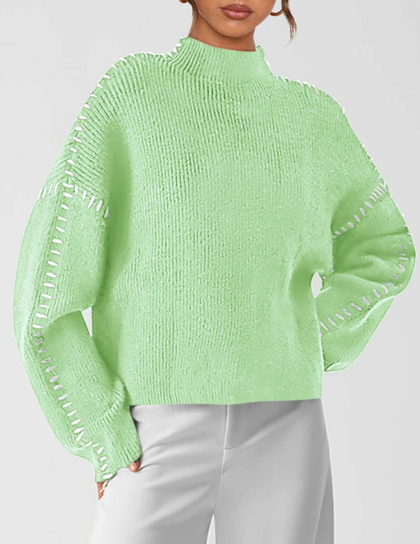 Womens Chunky Knit Oversized Pullover Sweaters,Light Green,S
