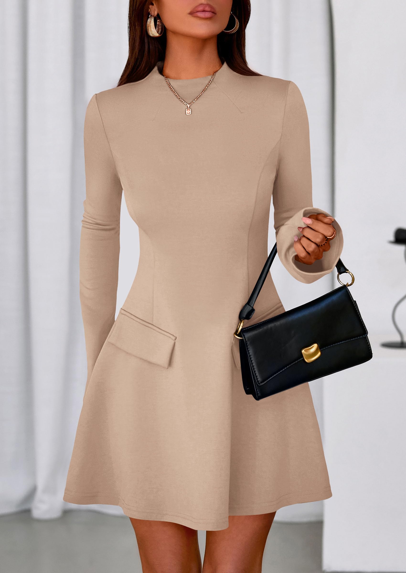 Women's Fall Bell Sleeve Short Dress,Khaki,XS
