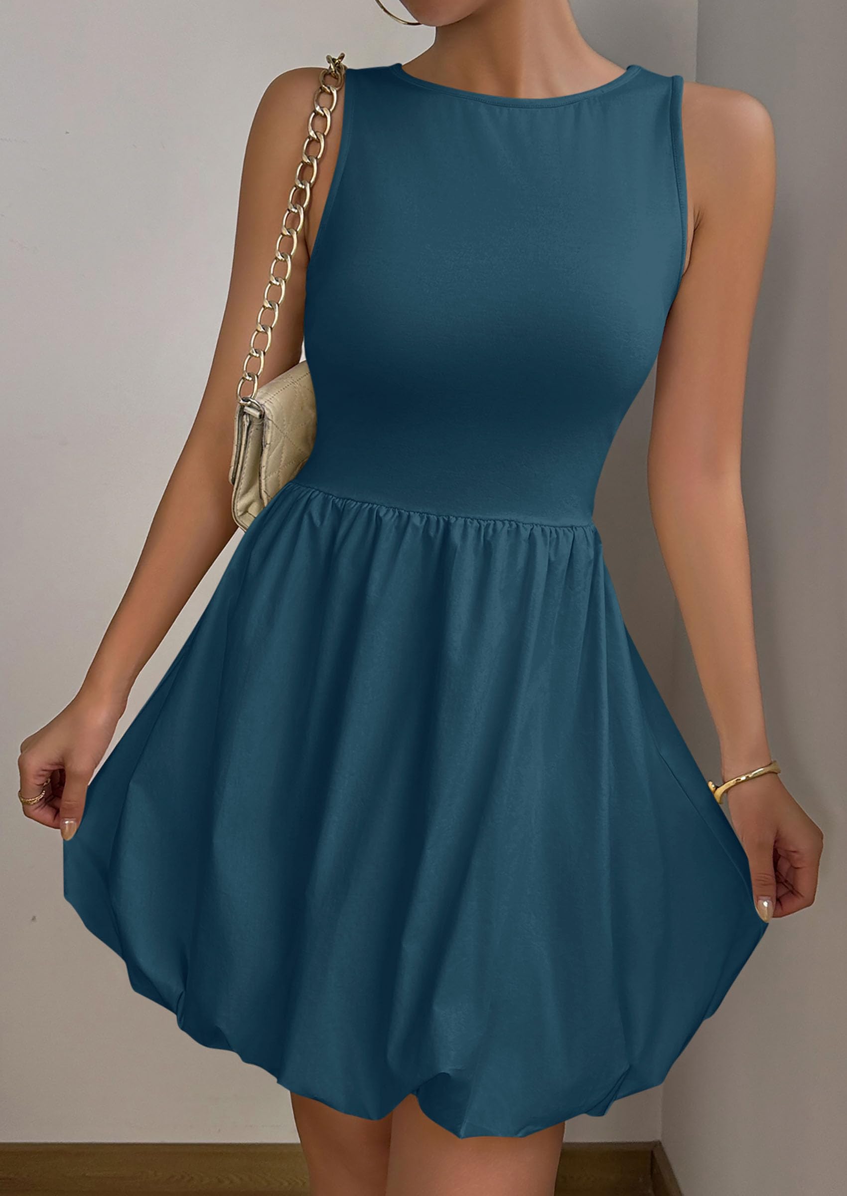 Womens Summer Bubble Sleeveless Mini Dress,Peacock Blue,S