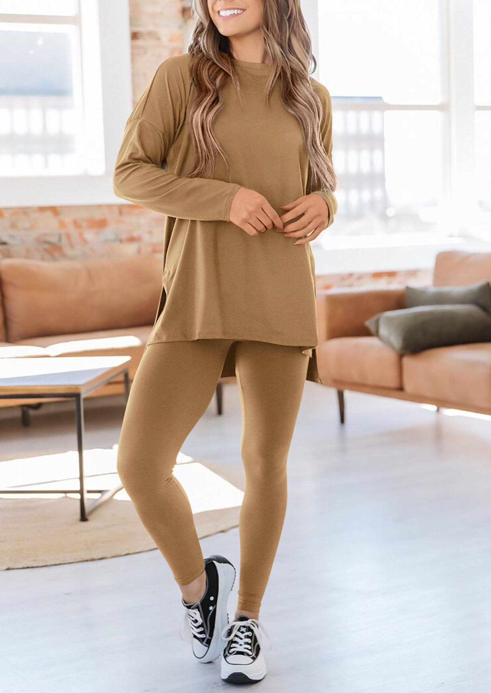 Women's 2 Piece Outfits Matching Lounge Sets,Khaki,S