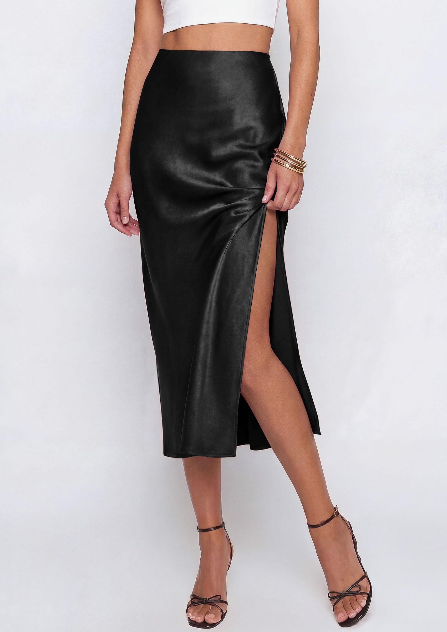 Womens Satin Skirt Silk Slip Midi Work Skirts, Black, S