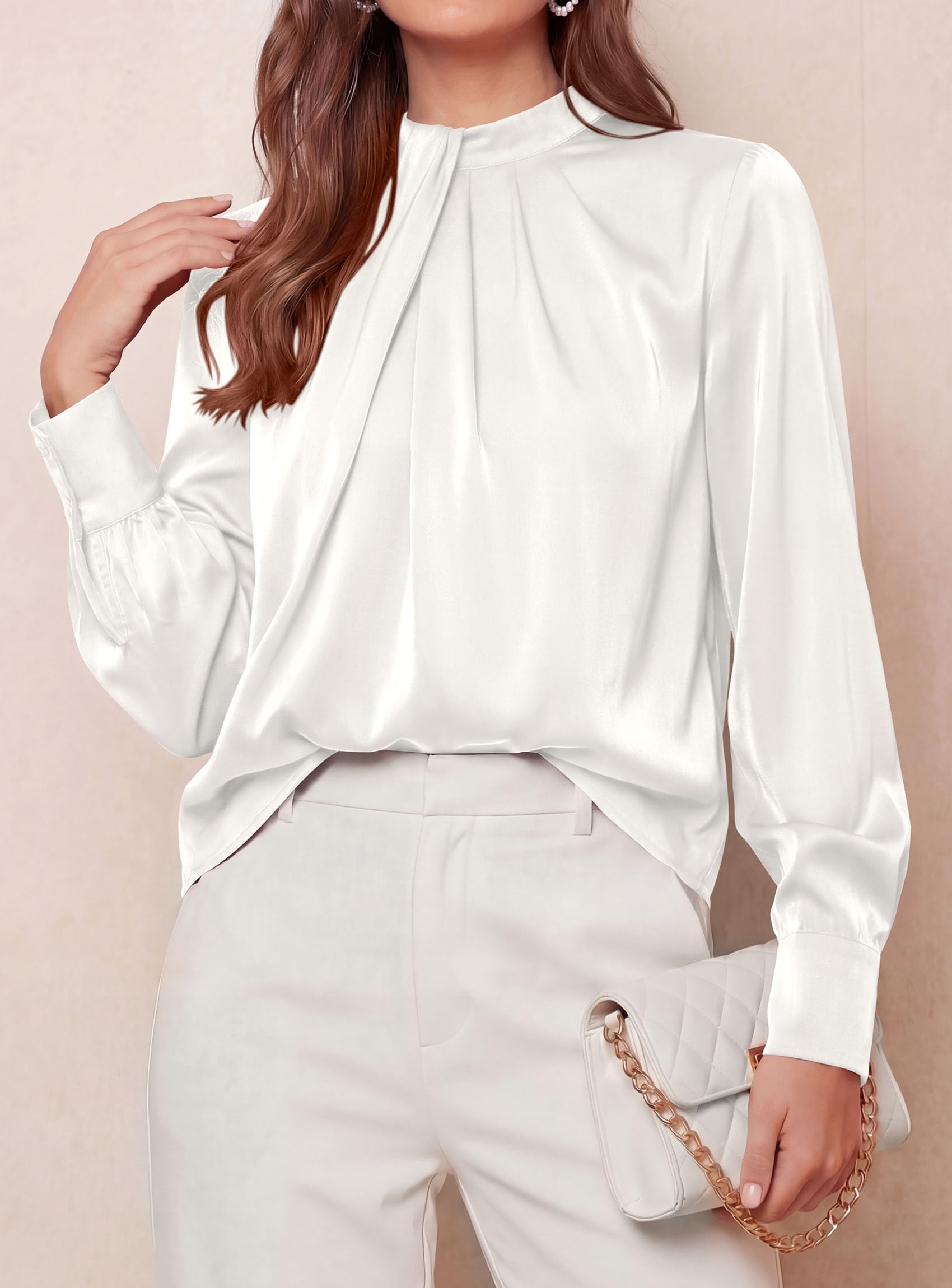 Satin Blouses for Women Dressy Casual Long Sleeve Shirts White