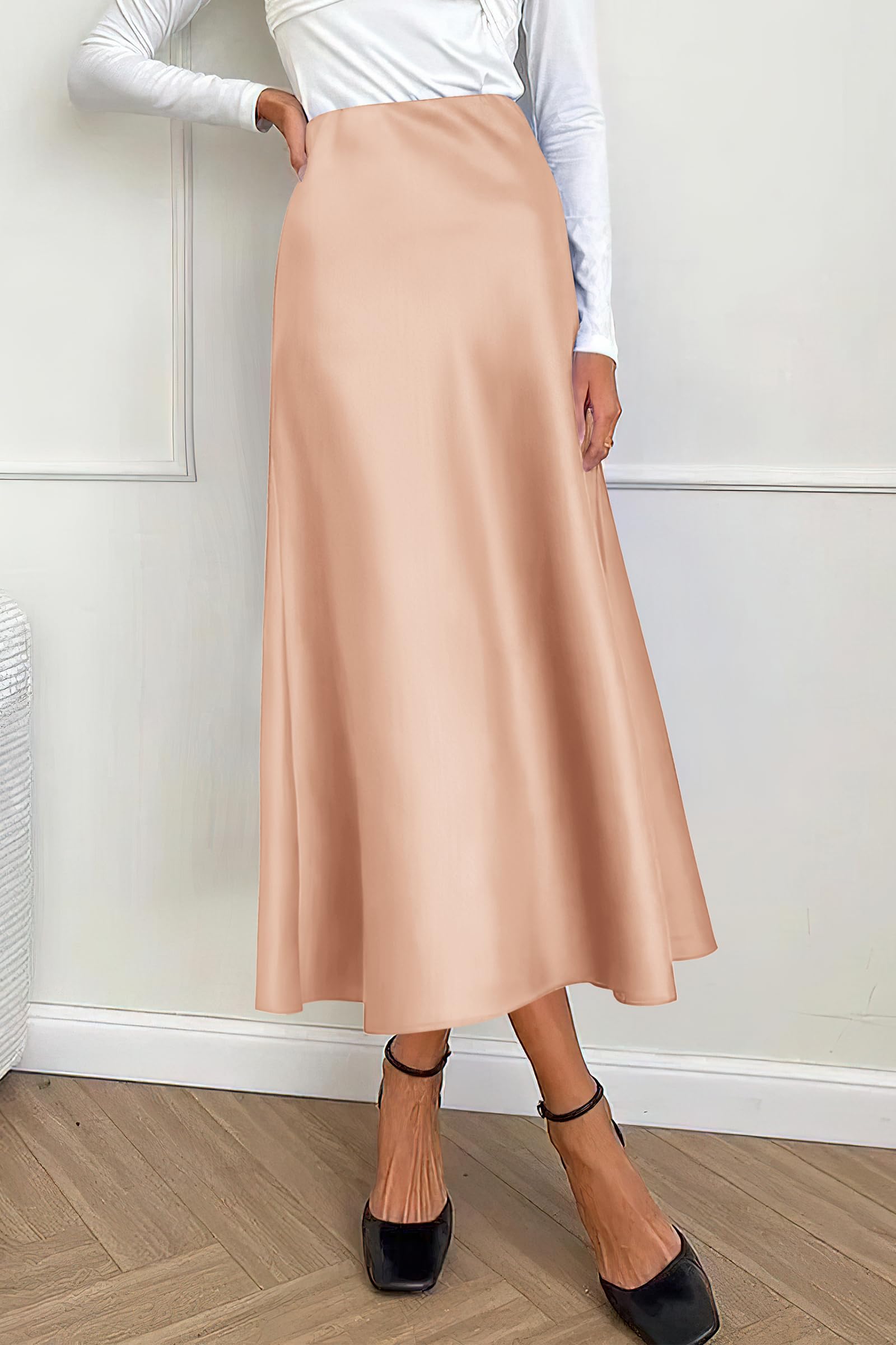 Women's Satin Midi Skirts Dressy Casual,Champagne,S