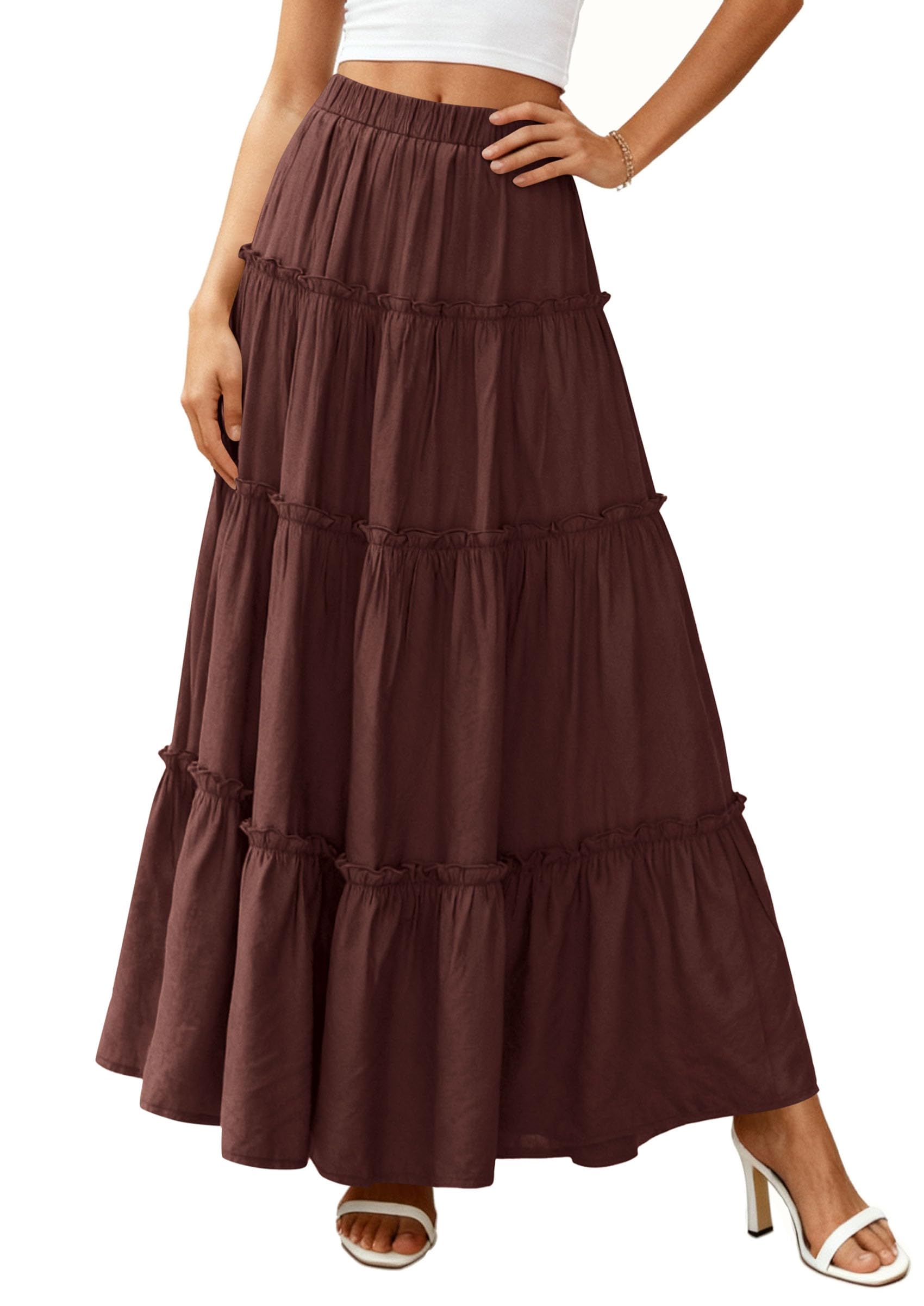 Women's Boho Tiered Ruffle Flowy Maxi Skirt, Dark Brown,S