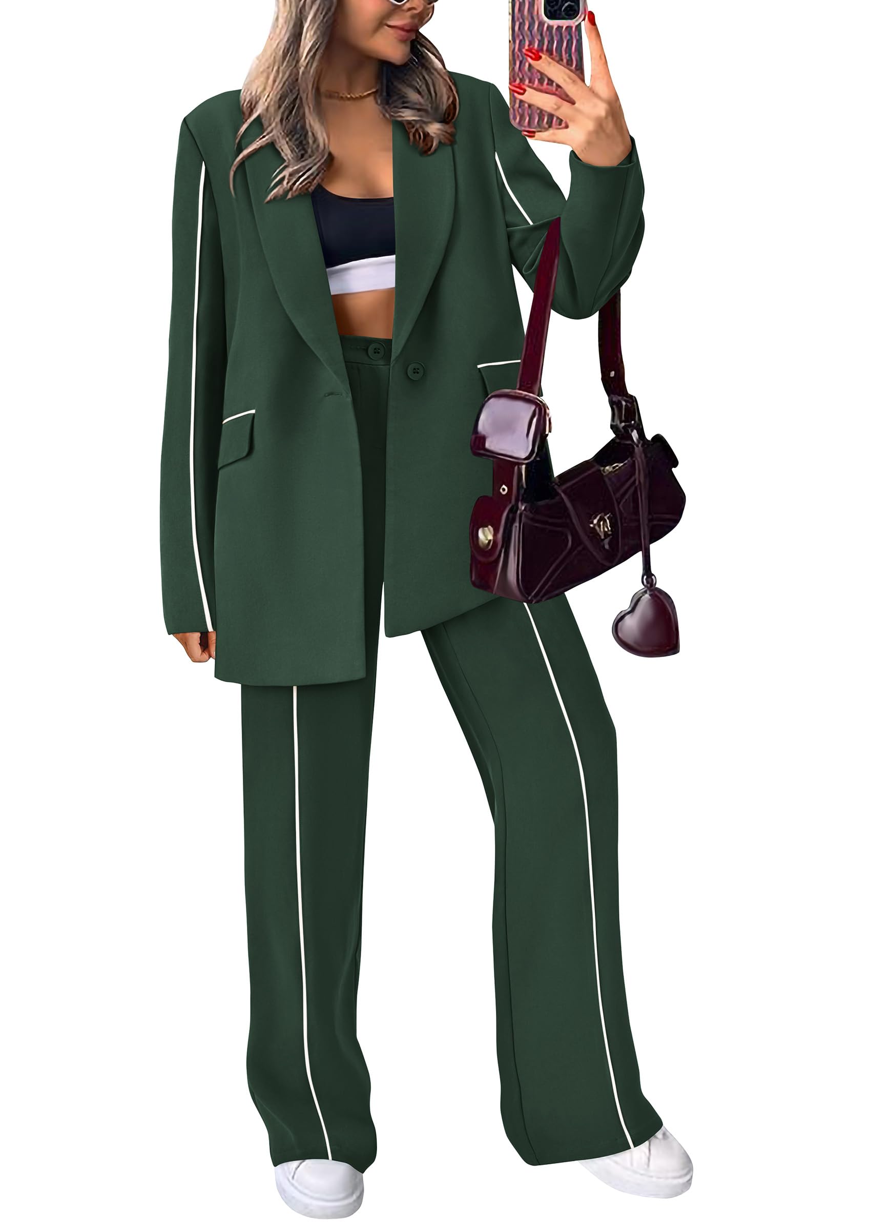 Women's 2 Piece Blazer Business Casual Outfits(Dark Green,L)