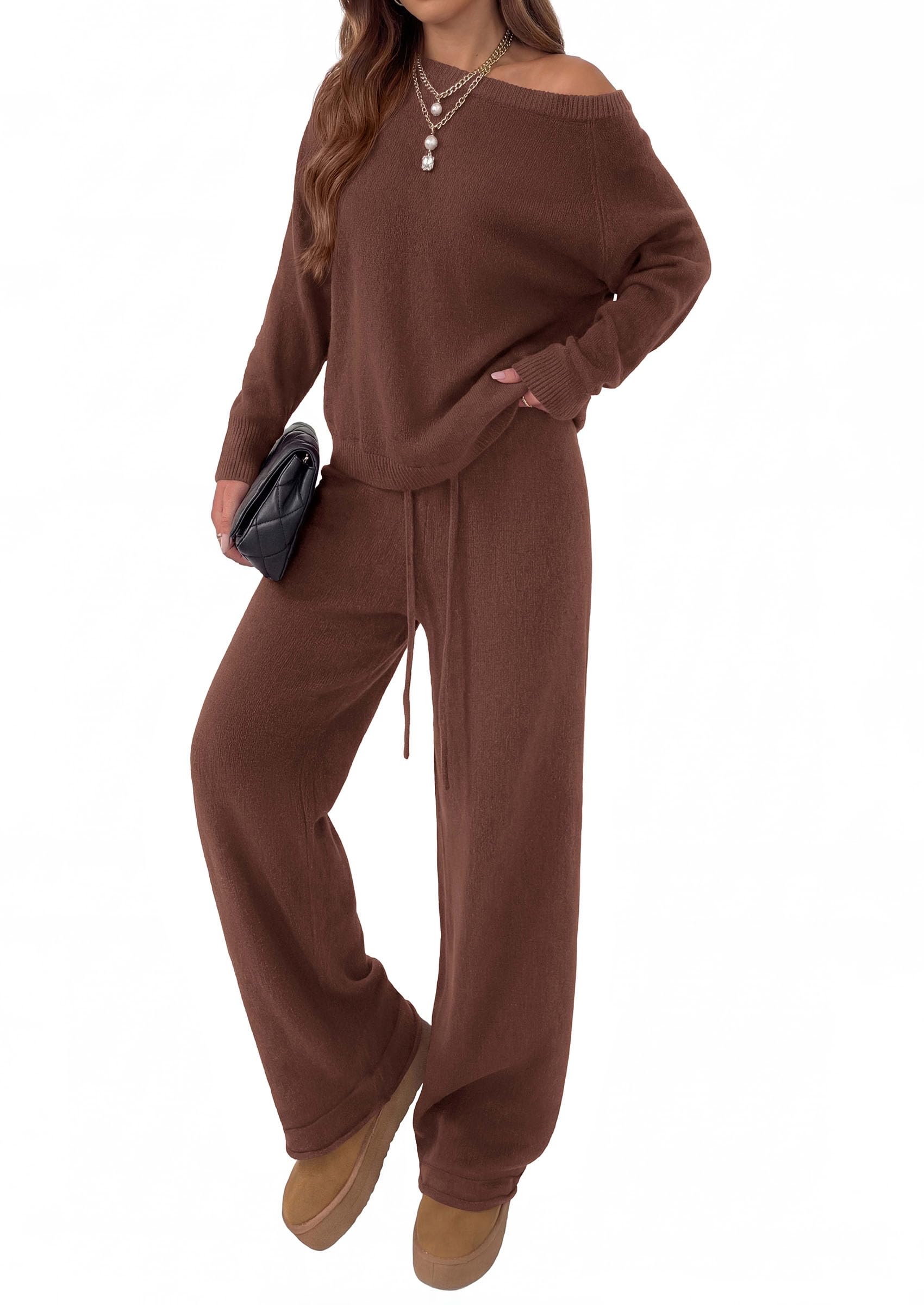 Lounge Sets Womens Sweaters Two Piece Outfits (Brown,L)