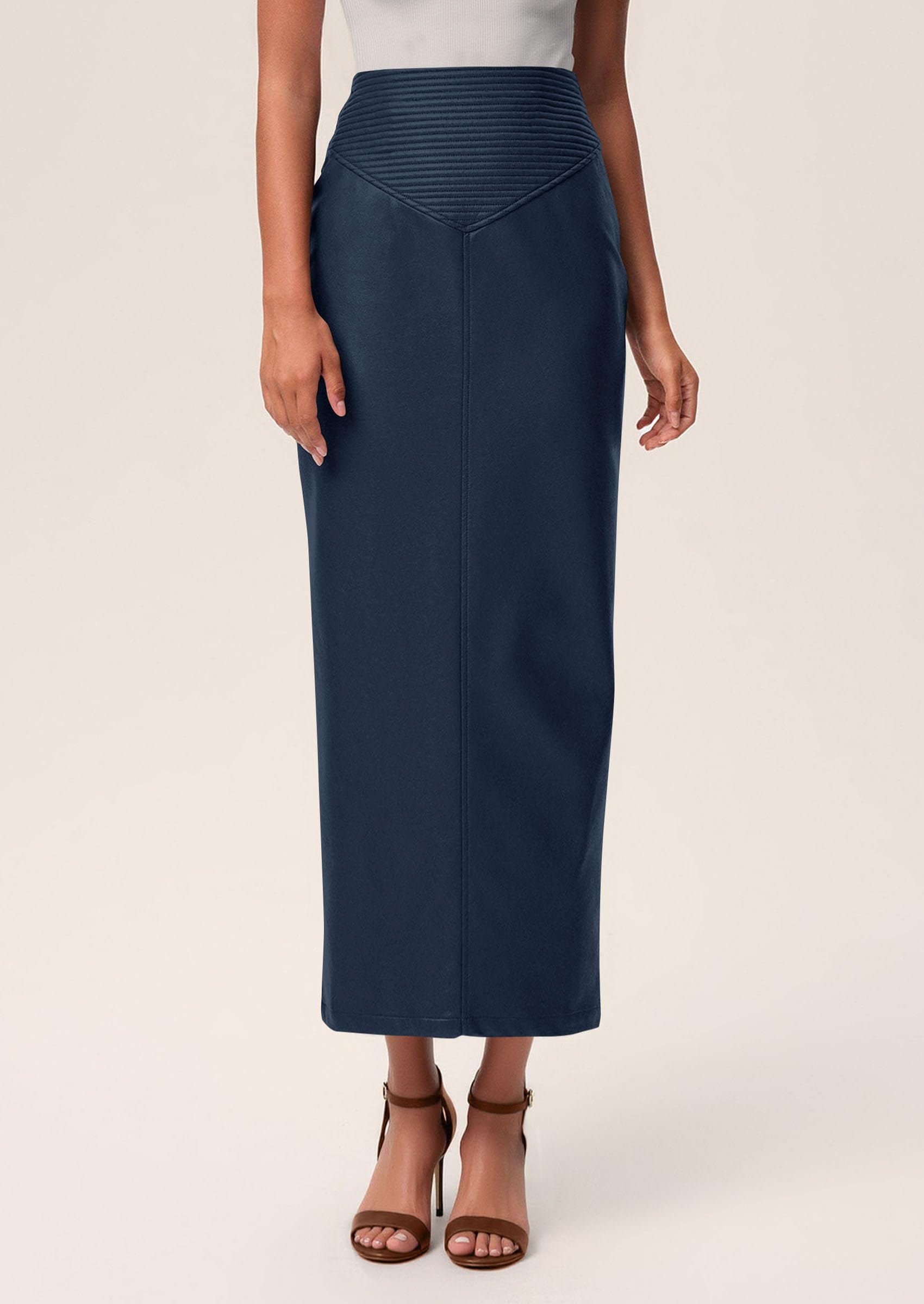 Women's Faux Leather High Waisted Maxi Skirts,Navy Blue,XS