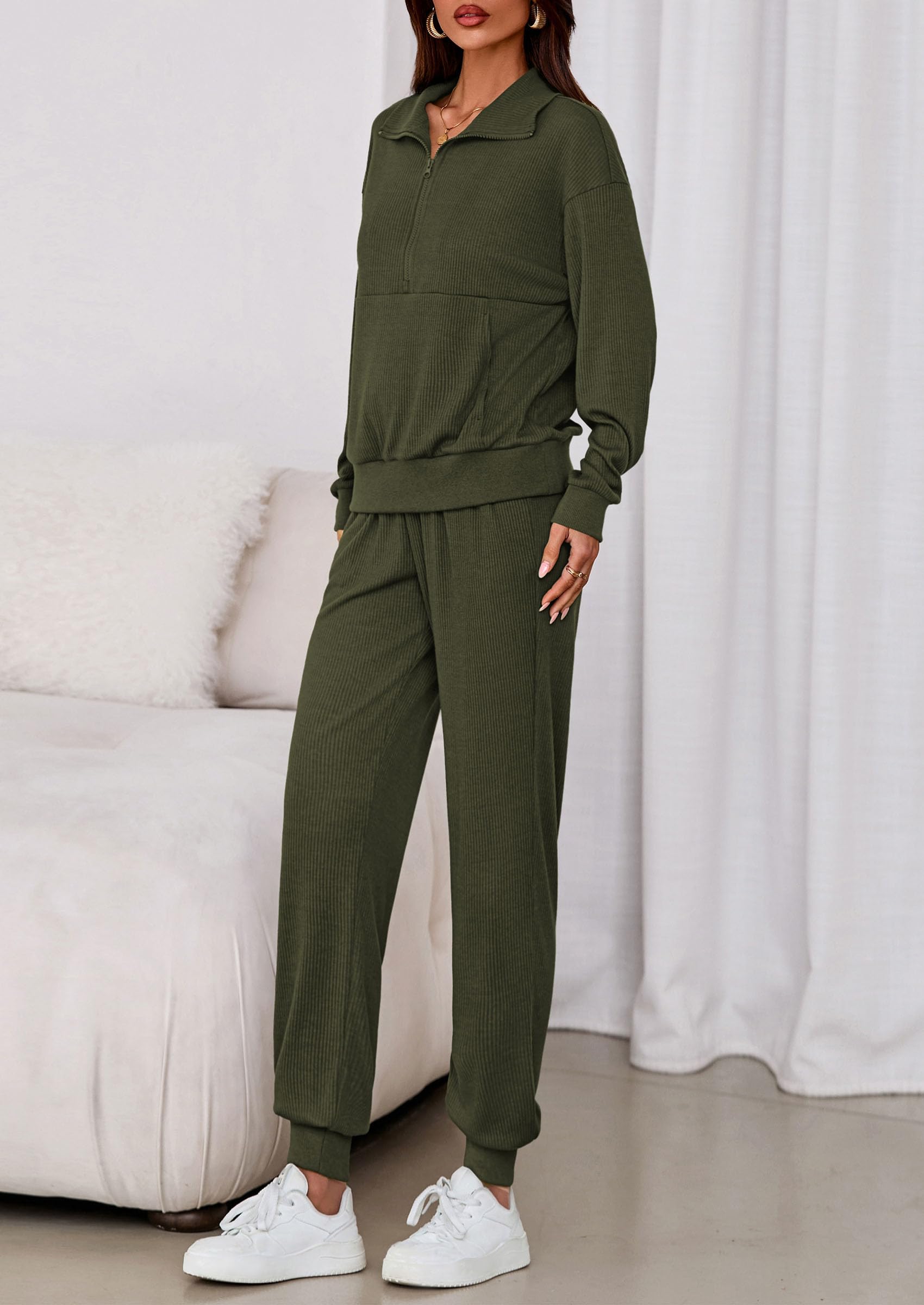 Airport Travel Outfit Women Ribbed Knit Matching Lounge Sets