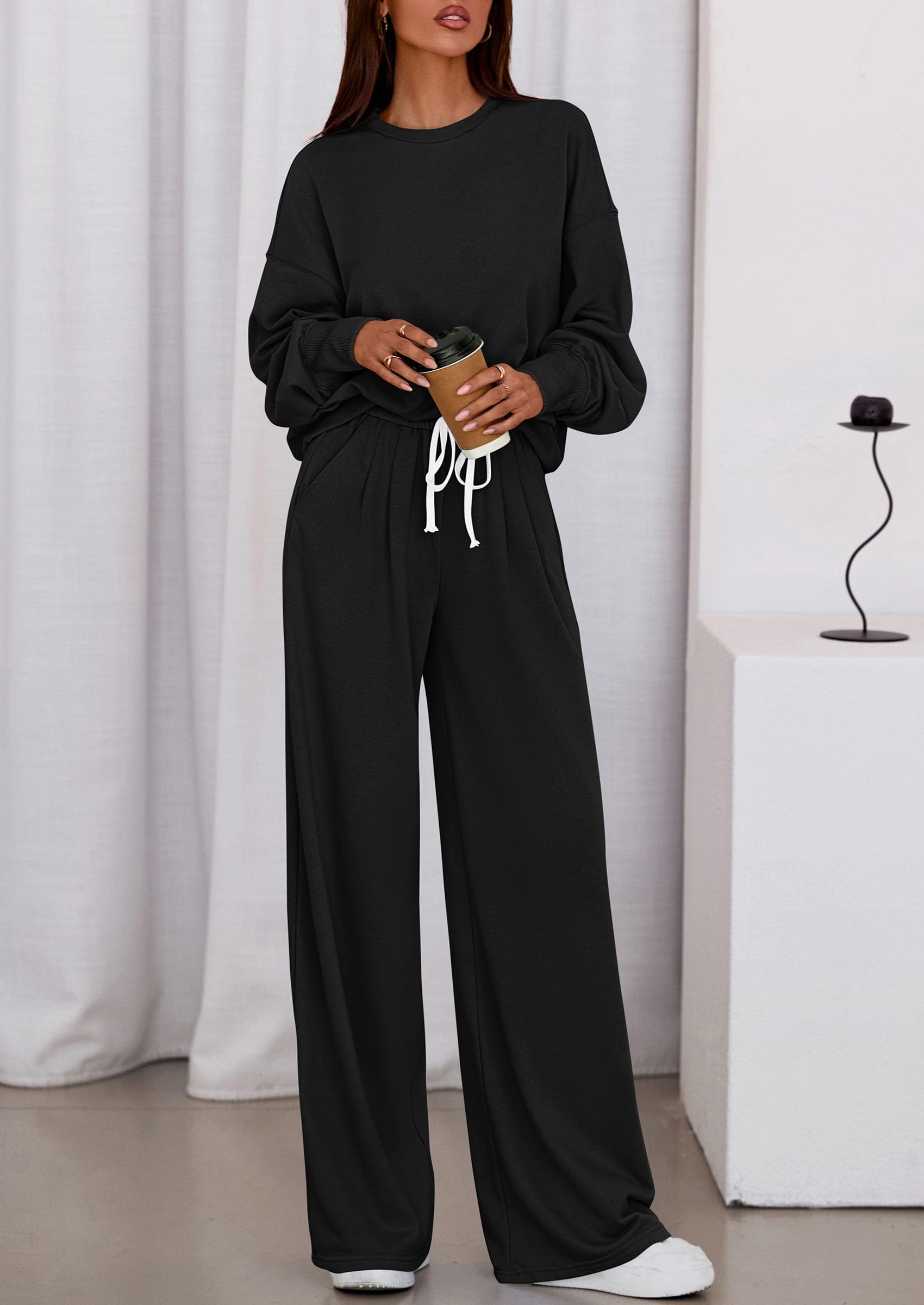 Womens Loose Fit Casual 2 Piece Lounge Set,Black,S