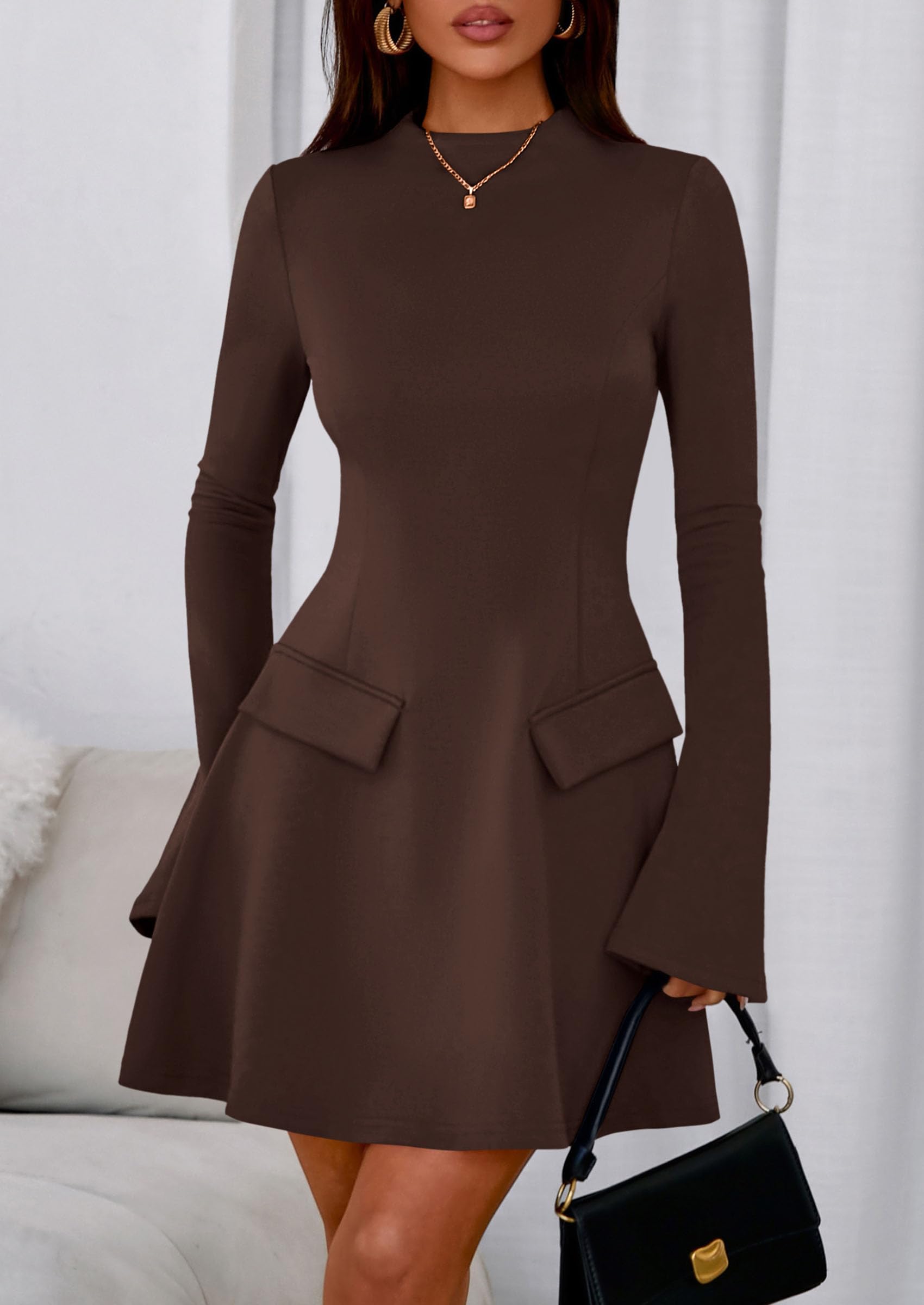 Women's Fall Bell Sleeve Short Dress,Brown,XS