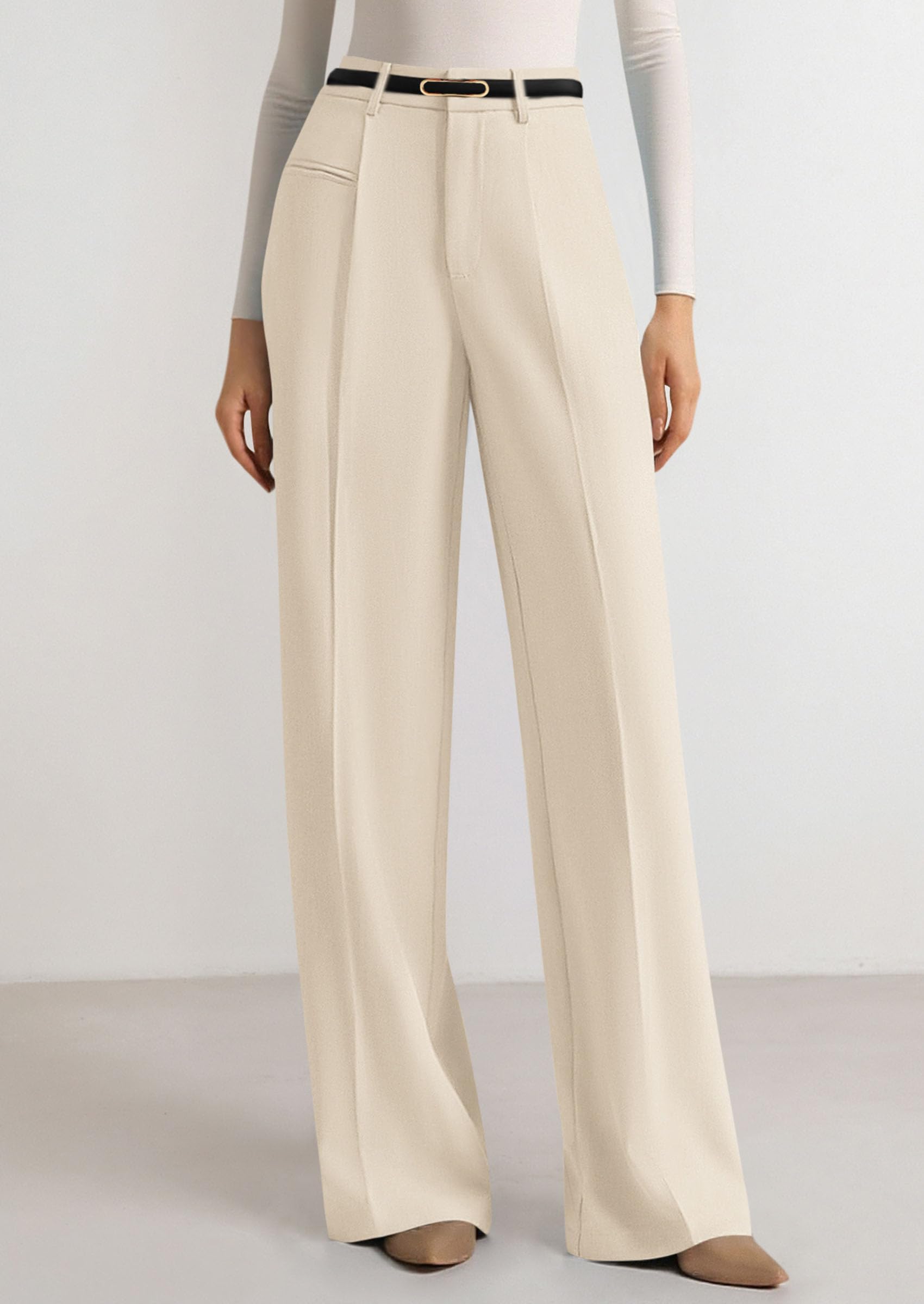 Women's Tailored Wide Leg Work Dress Pants,Beige,L