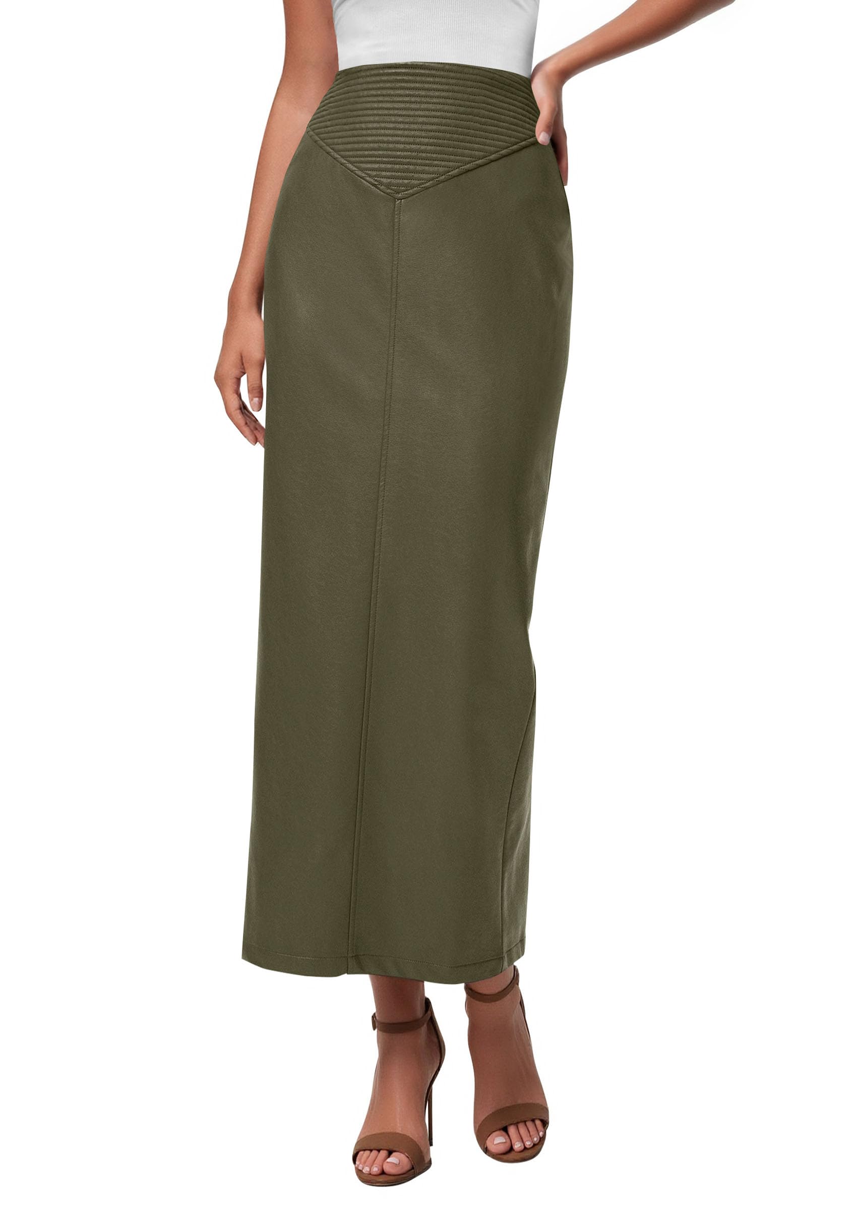 Women's Faux Leather High Waisted Maxi Skirts,Army Green,M