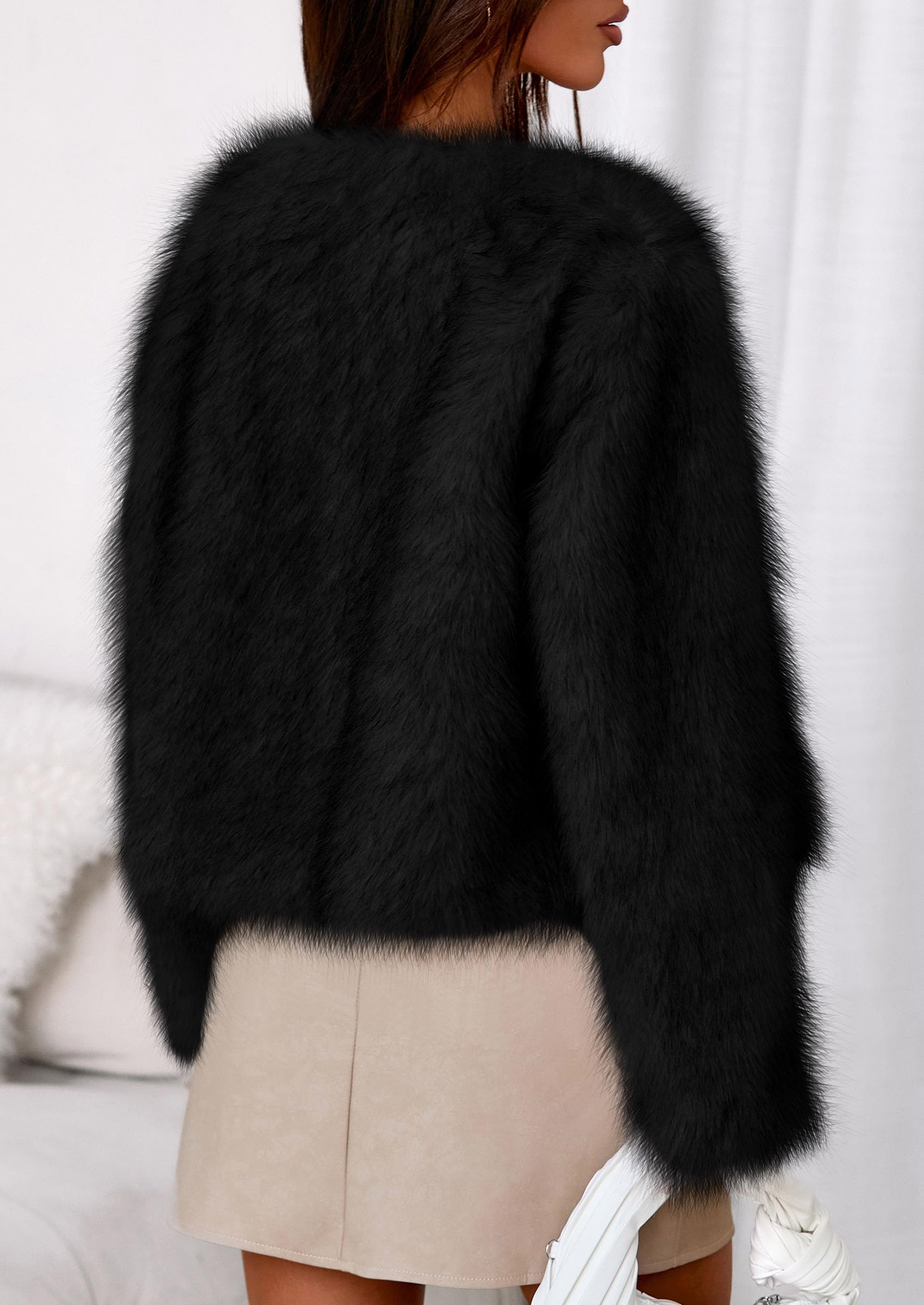 Womens Winter Coats Open Front Faux Fur Jacket,Black,XXL