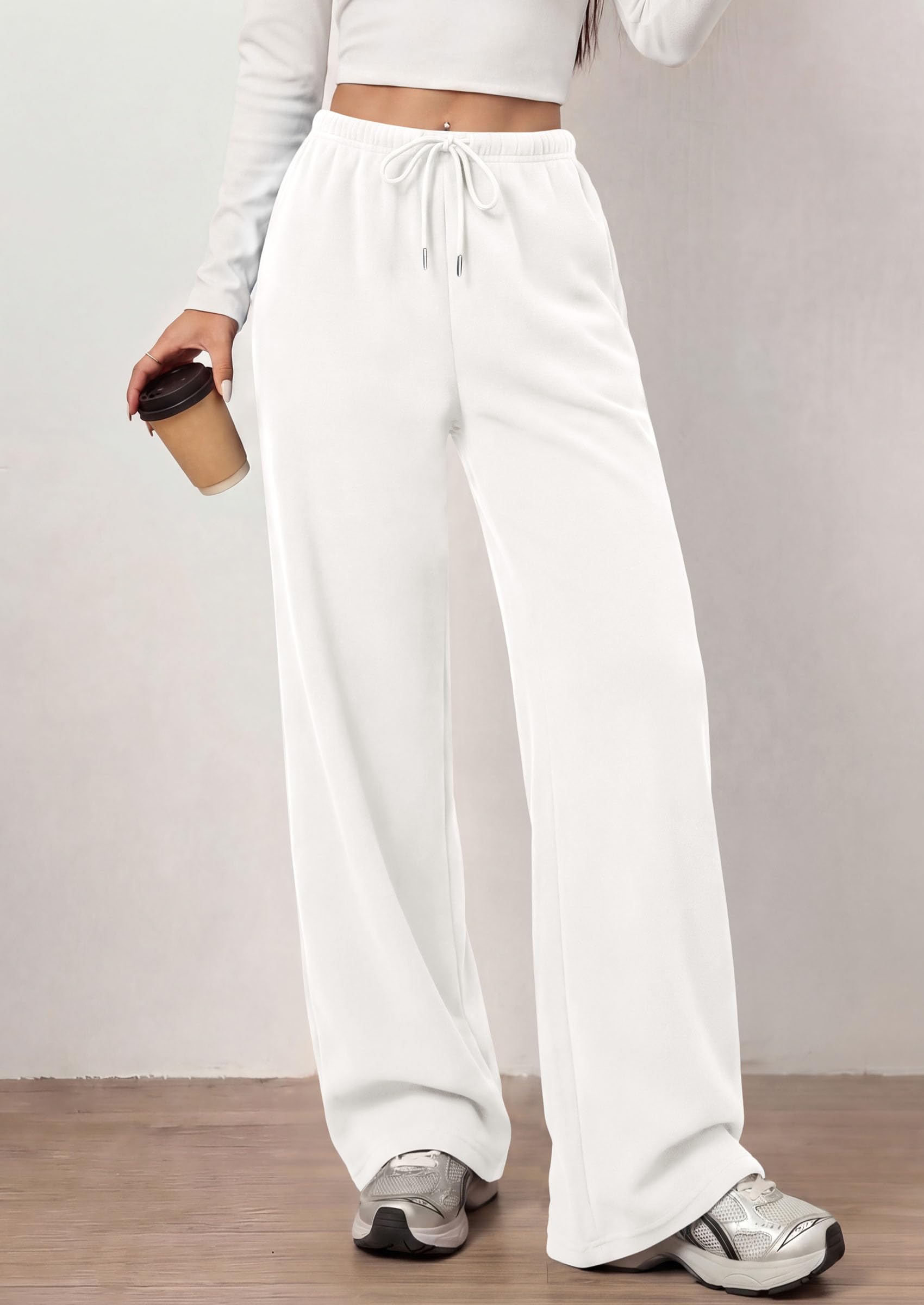 Womens Wide Leg Sweatpants Fleece Fall Sweat Pants,White