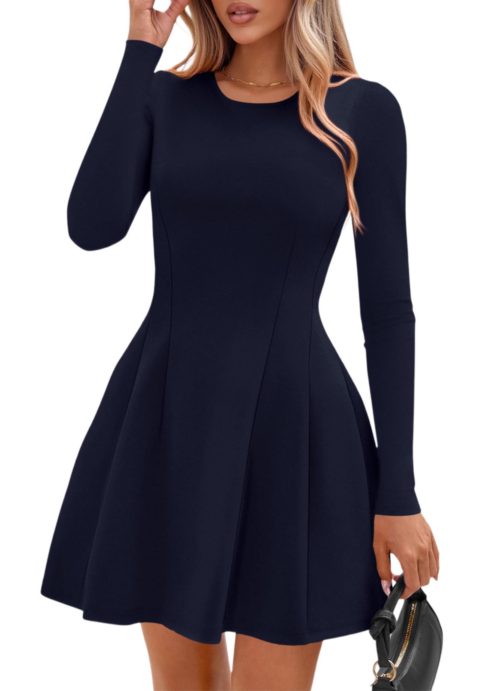 Womens Long Sleeve Pleated Mini Dress,Navy,XS
