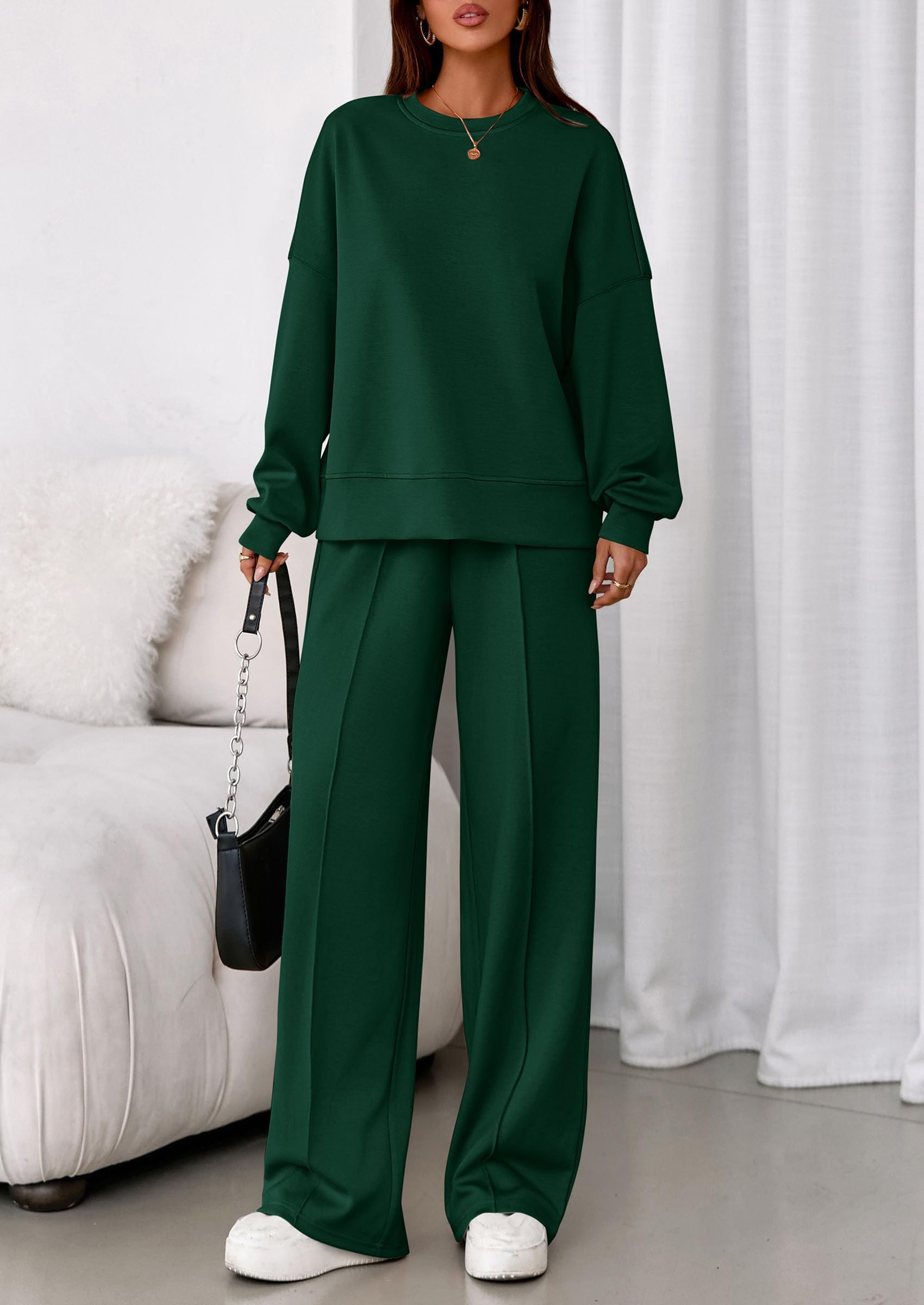 Womens Long Sleeve Sweatshirt 2 Piece Sets,Dark Green,S