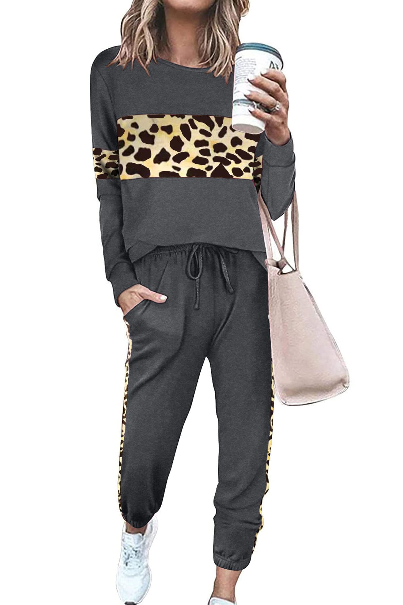 Women Color Block 2 Piece Sets Tracksuit,Leopard Dark Grey,S