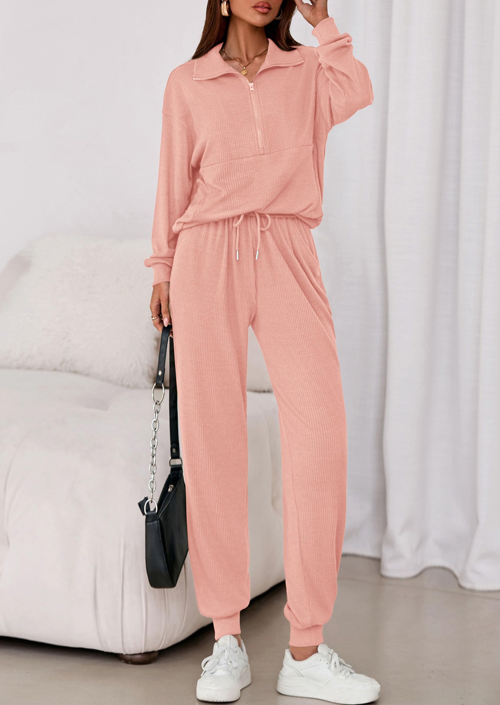 Airport Travel Outfit Women Ribbed Knit Matching Lounge Sets