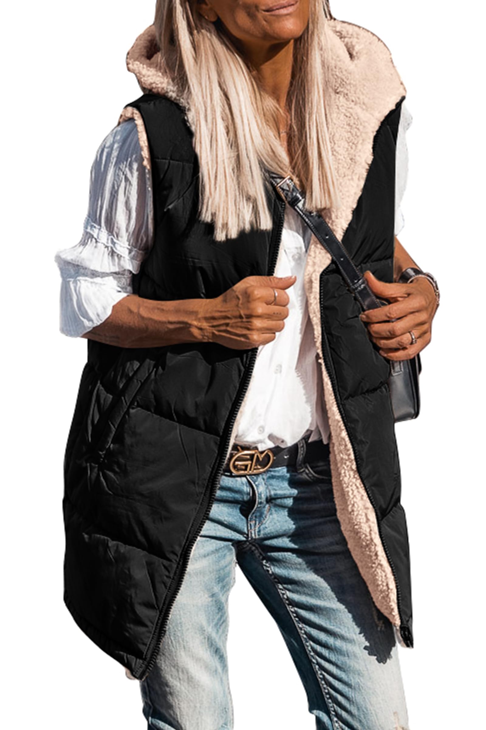 Women's Winter Reversible Fleece Long Vests(Black,S)