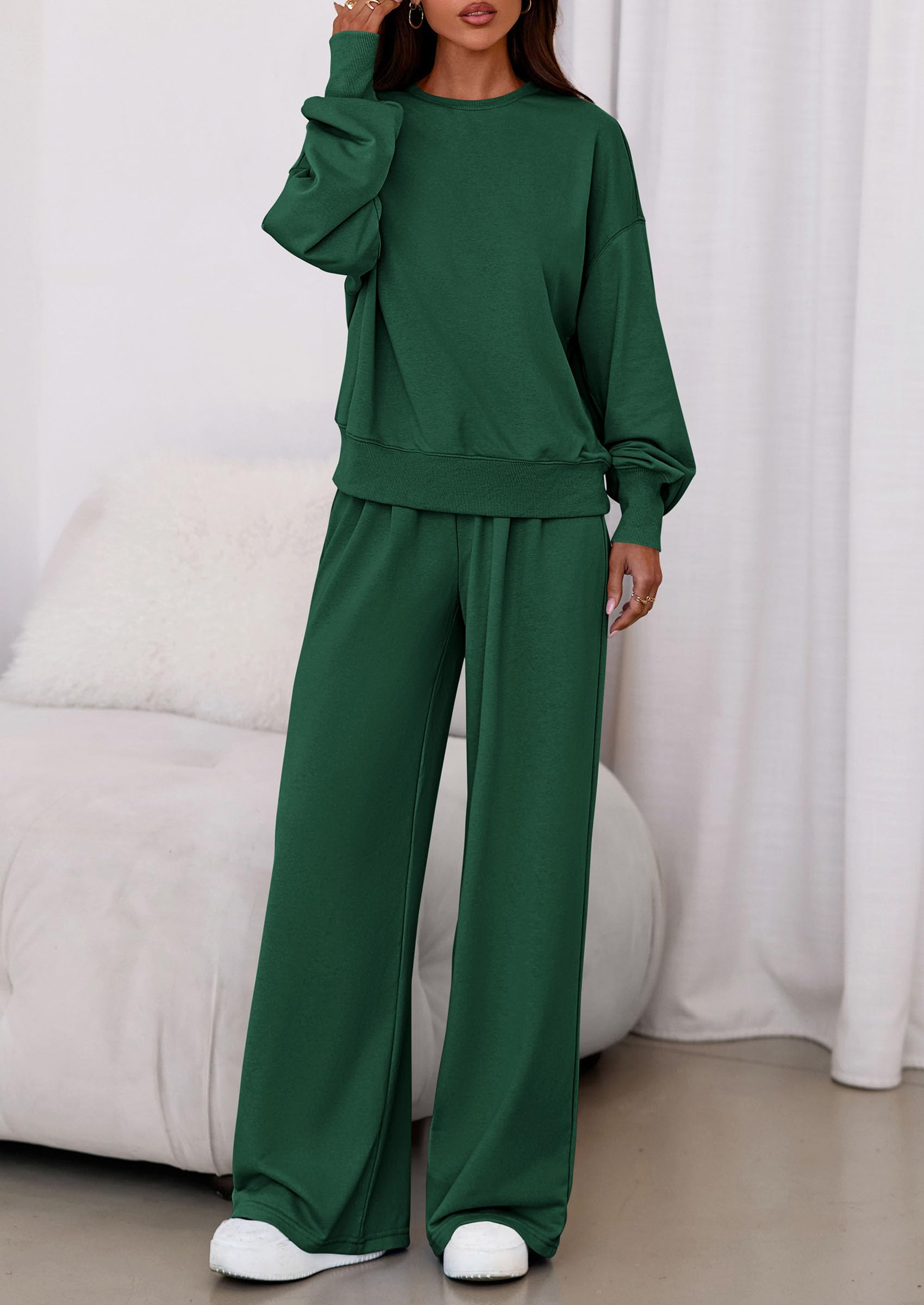 Womens Loose Fit Casual 2 Piece Lounge Set,Dark Green,S