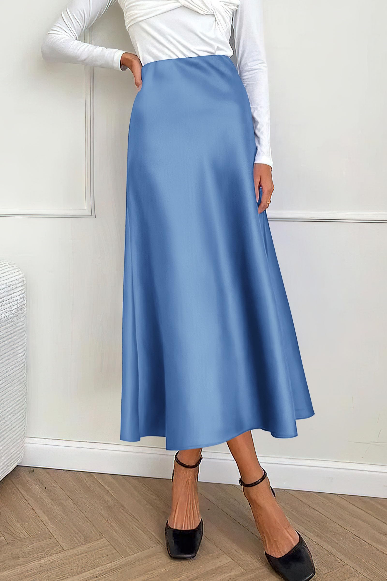 Women's Satin Midi Skirts Dressy Casual,Blue,S