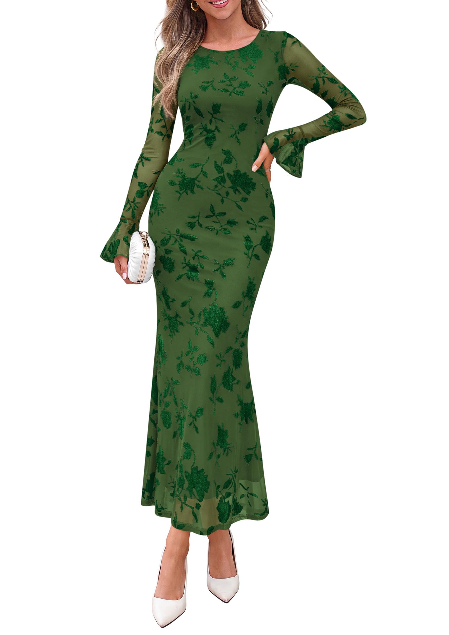 Women's Long Sleeve Maxi Floral Mesh Fall Wedding Guest Dress