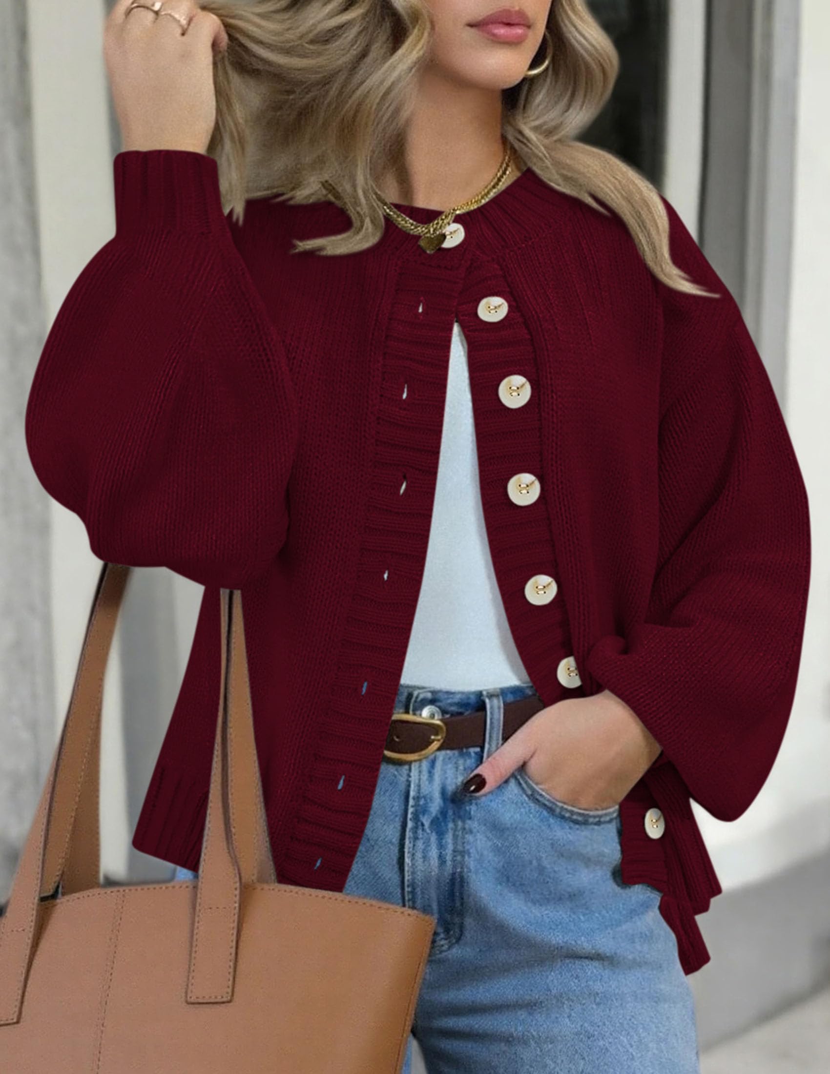 Women's Winter Chunky Cardigan Sweaters (Burgundy,Small)