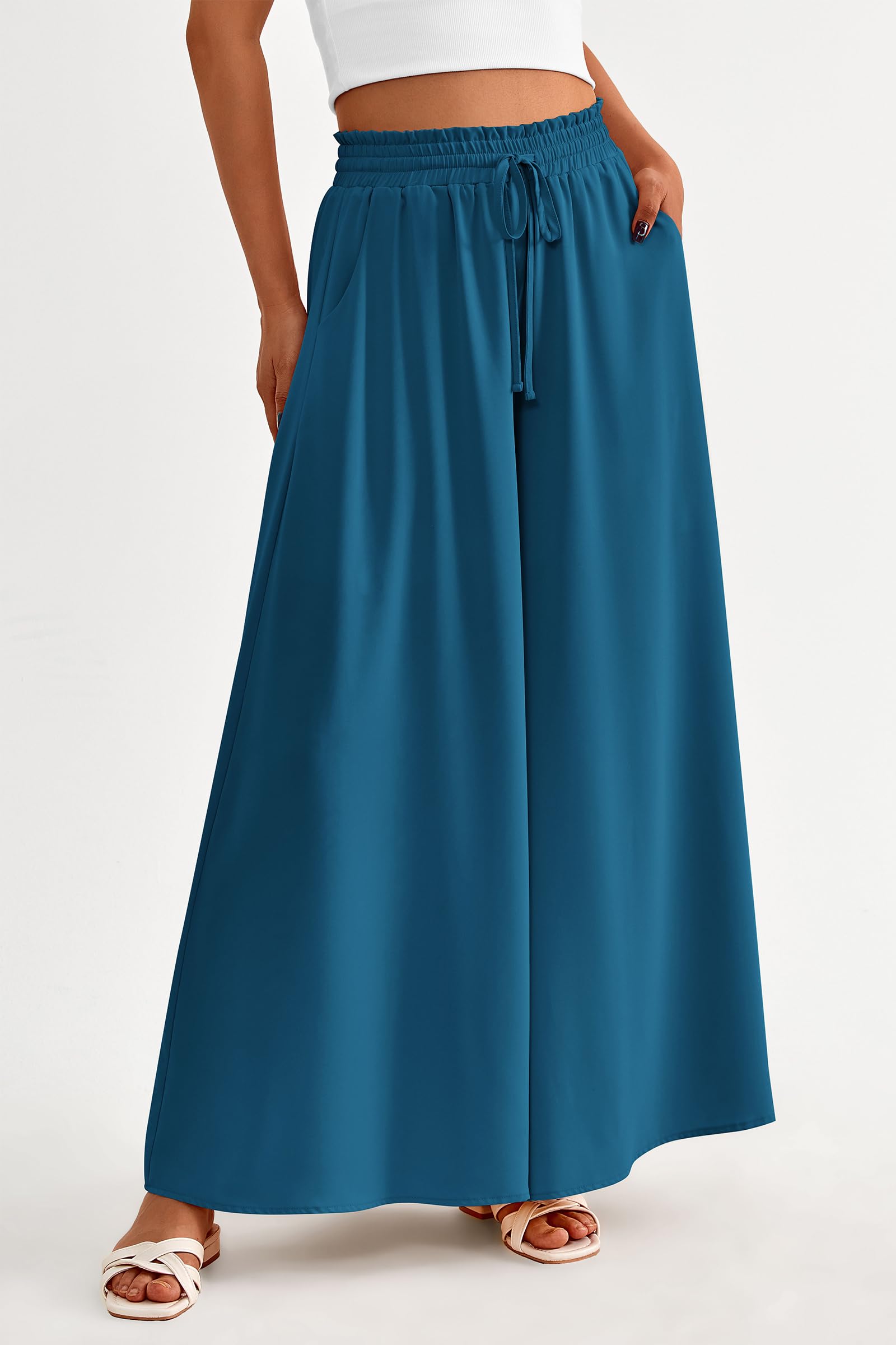 Summer Wide Leg Palazzo Pants for Women Casual,Lake Blue,S