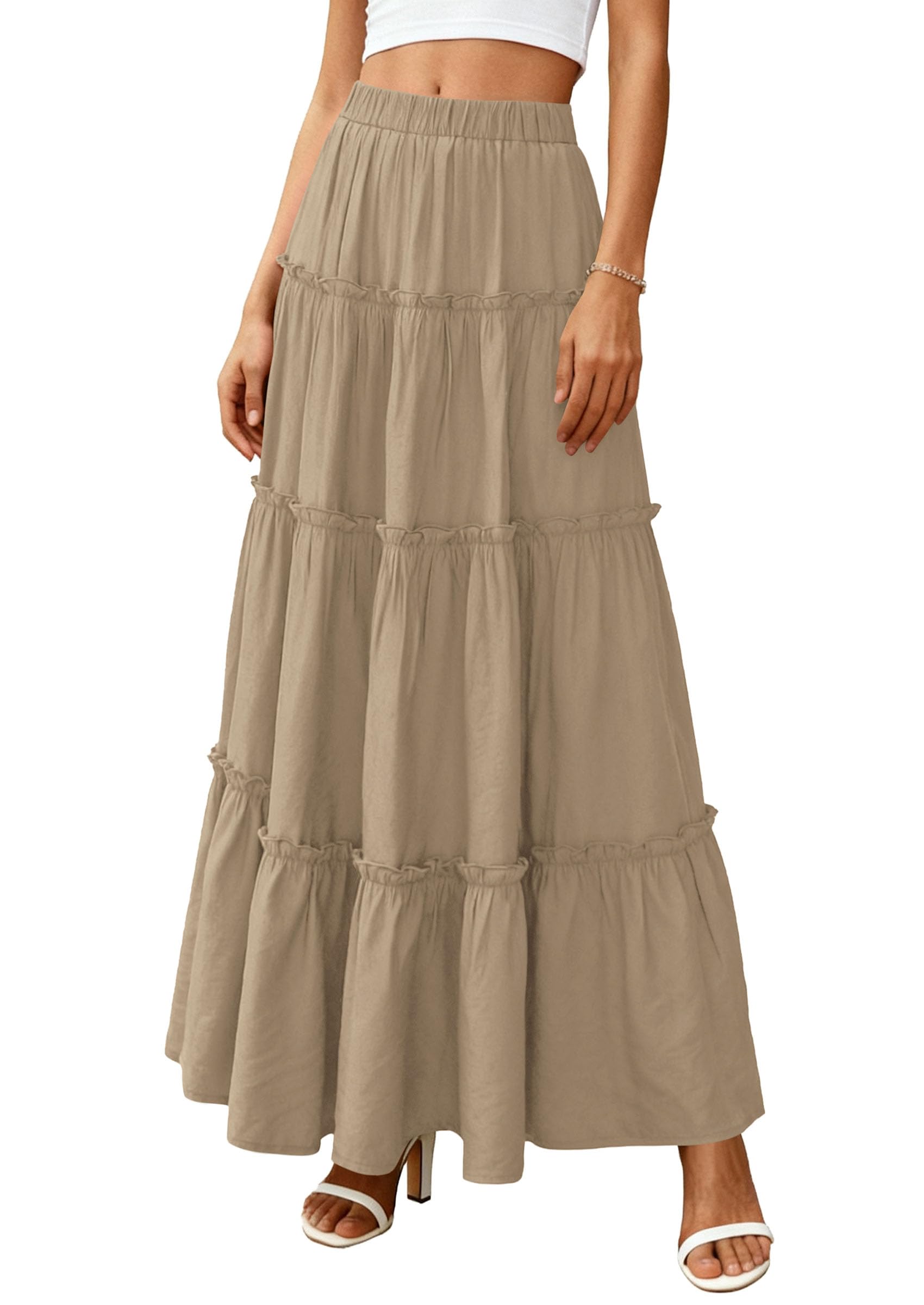 Women's Boho Tiered Ruffle Flowy Maxi Skirt, Khaki,XL