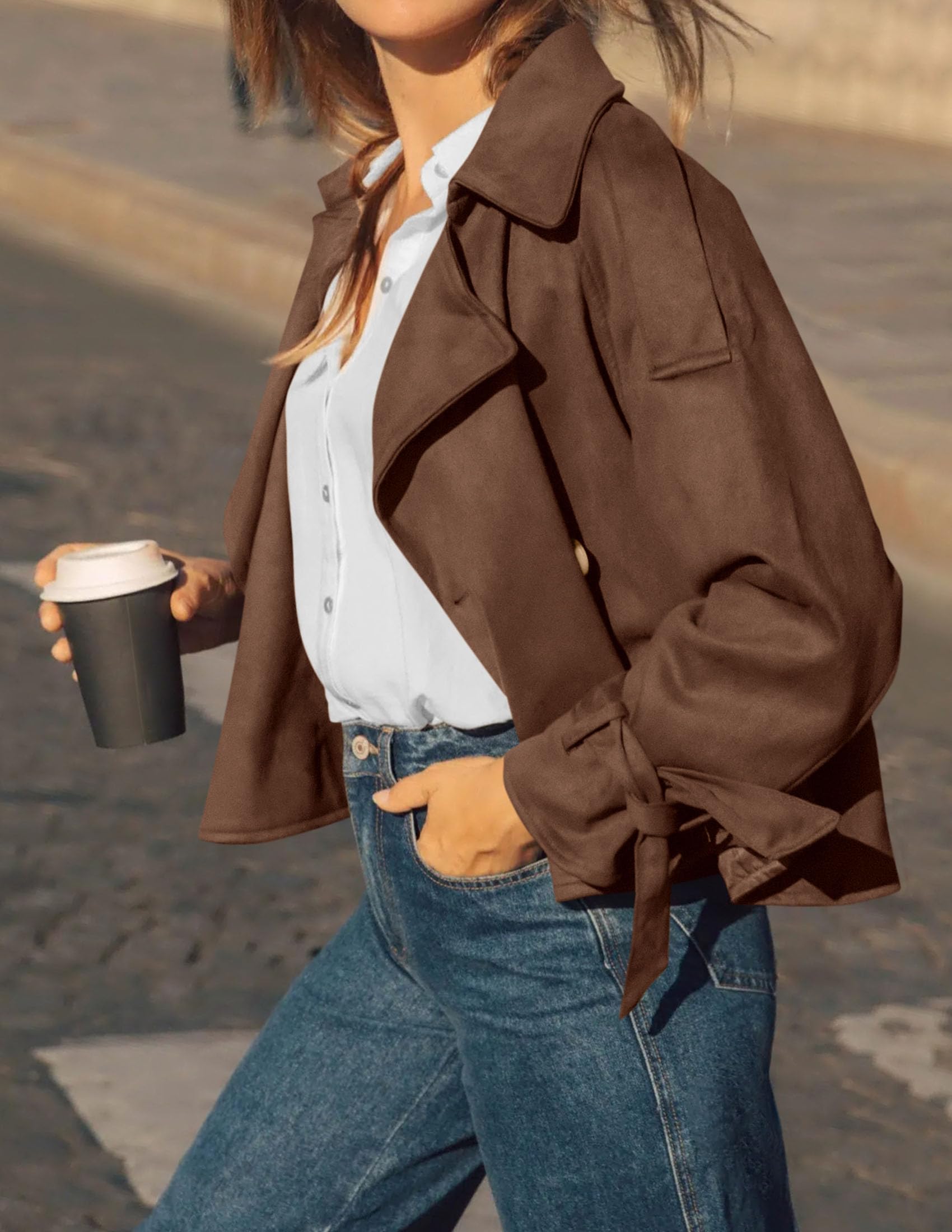 Women Faux Suede Double Breasted Trench Coat Cropped Jackets