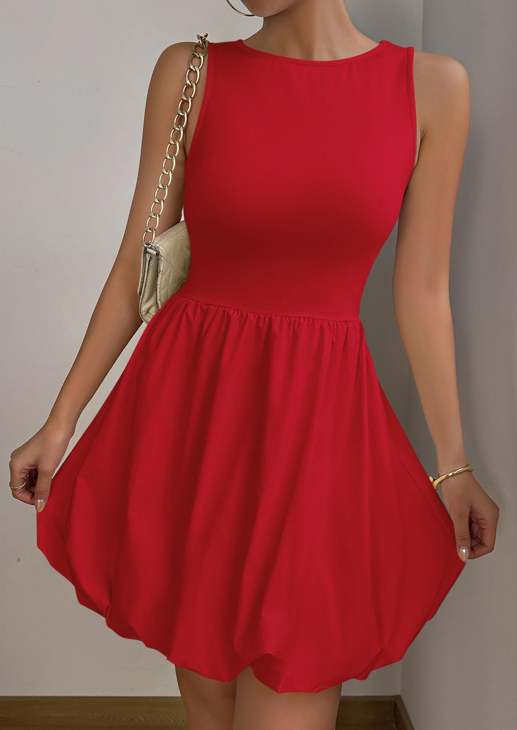 Womens Summer Bubble Sleeveless Mini Dress,Red,S